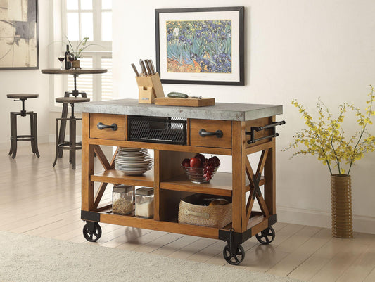 Bowery Hill Kitchen Cart, 48"W x 26"D x 36"H, Catalpa Wood and Metal, Antique Oak Finish, 2 Drawers, Adjustable Shelves, Slatted Shelf, Towel Rack, Caster Wheels, Functional Mobile Storage for Kitchen