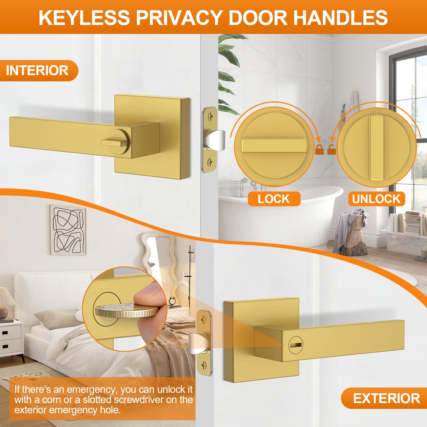 Plustool 6 Pack Brushed Gold Door Handles, Interior Door Knob Heavy Duty, Flat Square Privacy Door Locks, Keyless Door Leverset for Bedroom and Bathroom
