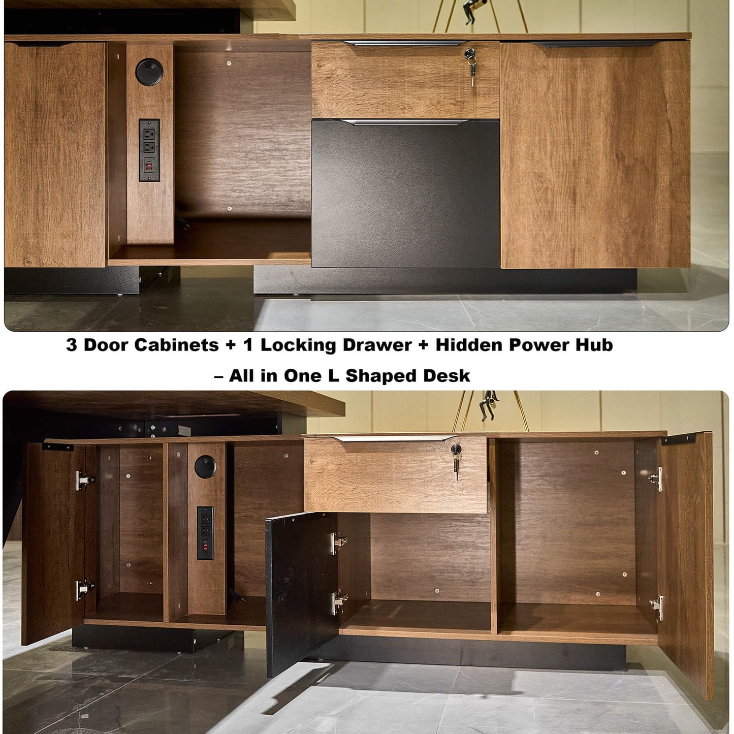 Retractable L-Shaped Executive Desk, Modern Office Desk with Locking Drawers and File Cabinet, Large Computer Desk with Storage Shelves, Workstation for Home Office (Right Return, 70.86 - 78.7 IN)