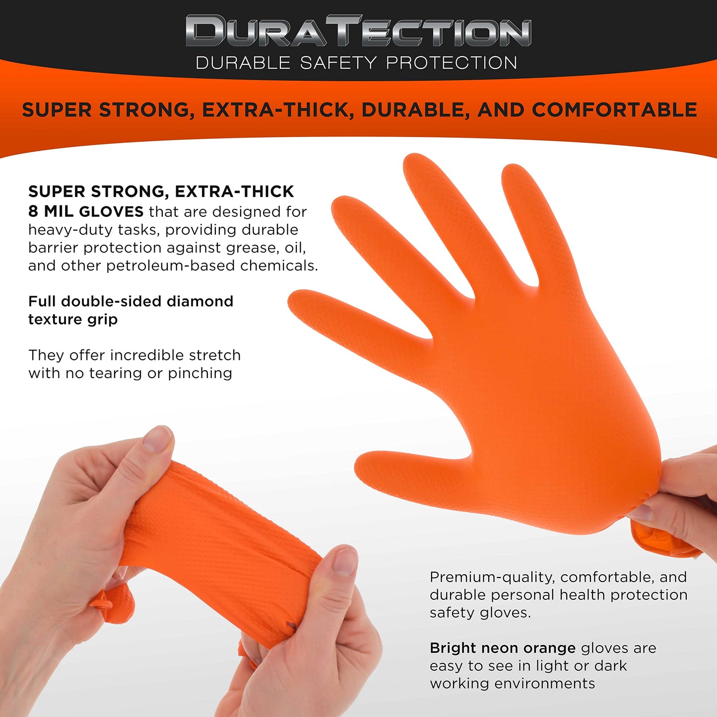 Dura-Gold Duratection 8 Mil Orange Super Duty Diamond Textured Nitrile Disposable Gloves, 10 Boxes of 100, XX-Large - Latex Free, Powder Free, Food Safe, Safety Protection Work Gloves, Industrial