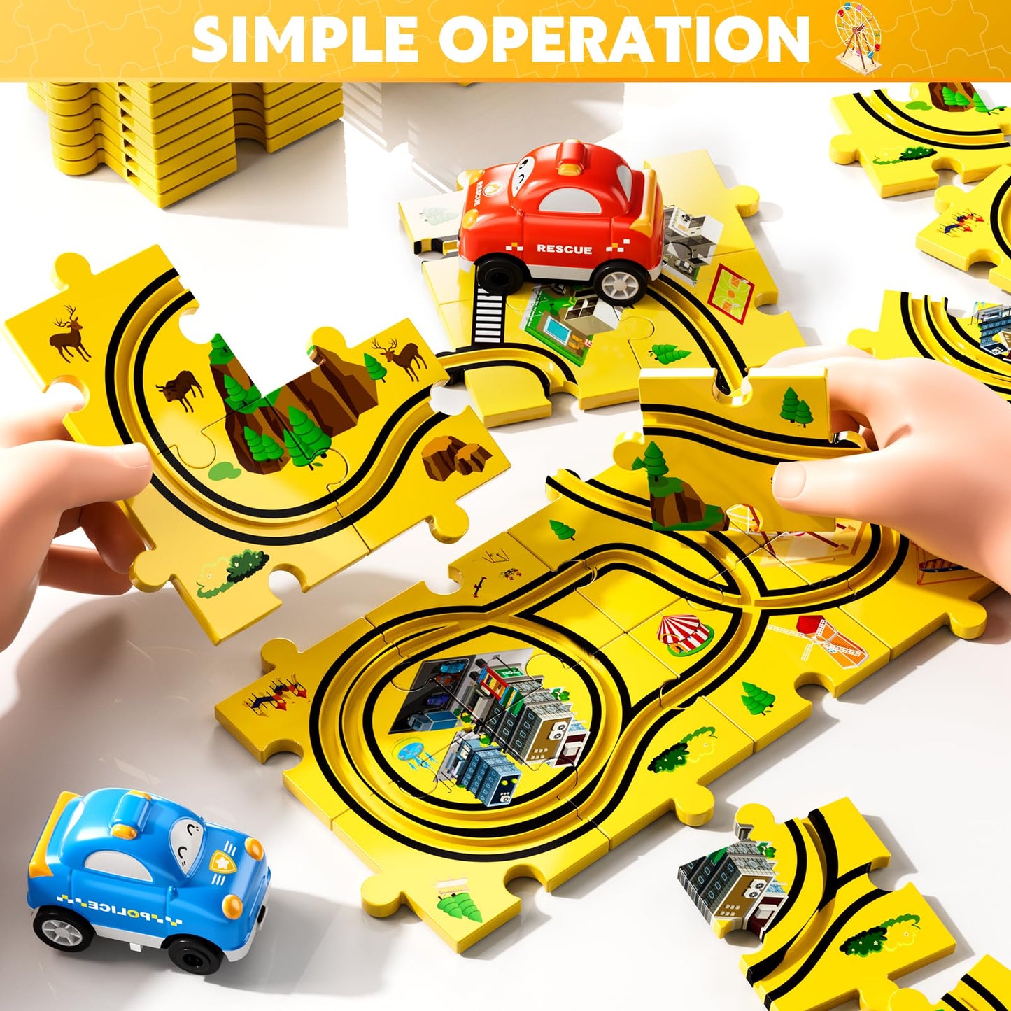 Beby Buty 48PCS Puzzle City Racer Car Track Set Toys for Kids, Toys Gifts for 3 4 5 Year Old Boys, Puzzle Racer Kids Car Track Set Ages 3-5 4-6, 3 4 5 Year Old Boys