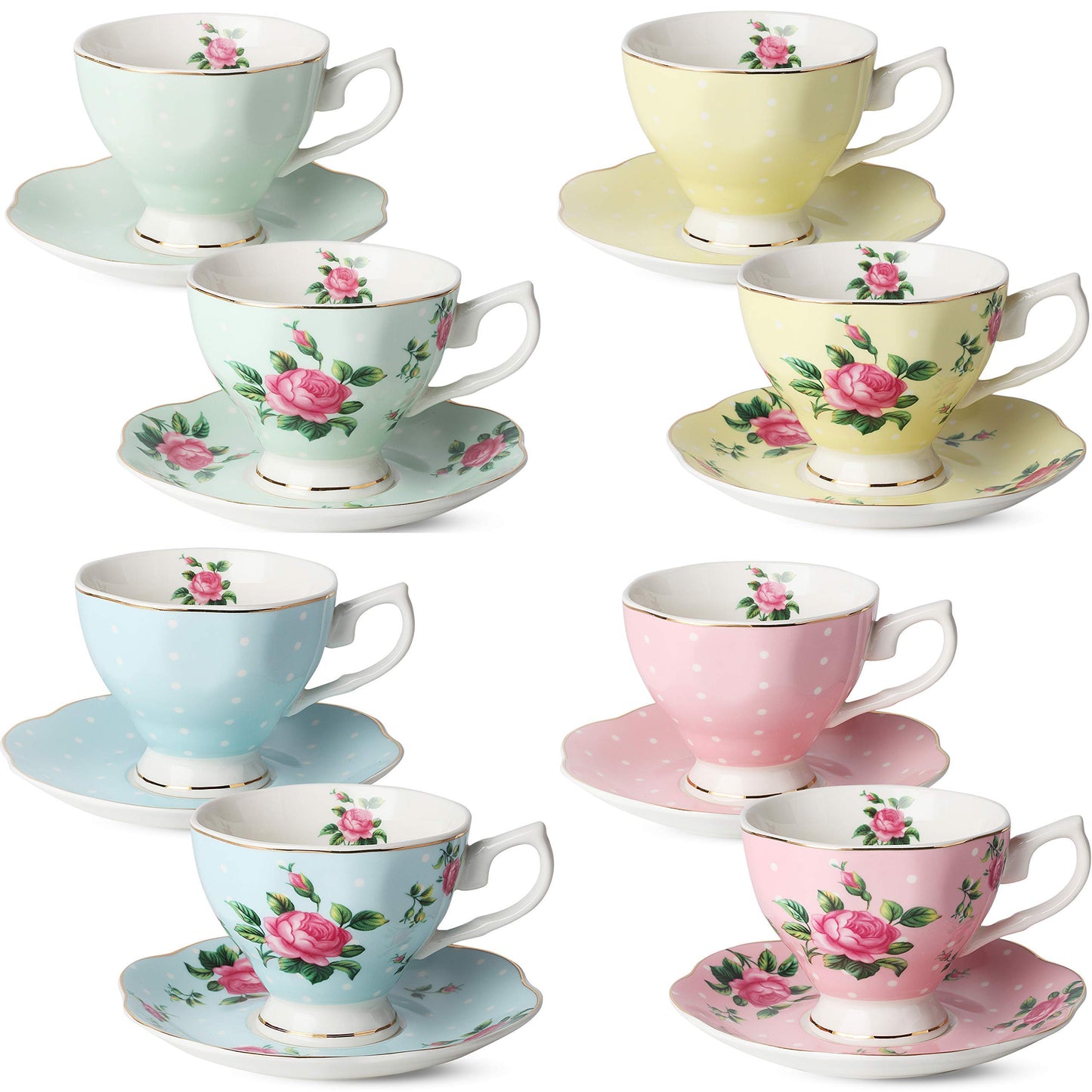 BTaT- Floral Tea Cups and Saucers, Set of 8, 8 oz, Fine Porcelain Teacup Set with Gold Trim for Afternoon Tea, Weddings, Parties & Gifting, Dishwasher Safe, Lightweight, Non-Toxic, Mothers Day Gift