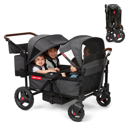 Radio Flyer Voya Quad Stroller Wagon, for Toddlers and Kids 6+ Months, Push or Pull, 4 Seats, Dual Sun Canopies, Compact Fold, Lightweight, Storage Space, 5-Point Harnesses, Stroller Wagon for Kids