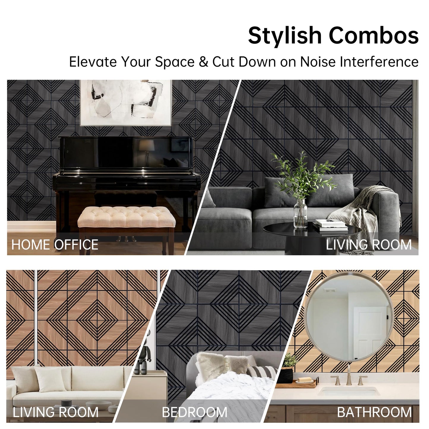 Mollywell Acoustic Panels, PVC Wood-Grain Decor, 12x12 Inch Carved Pattern Sound Absorbing Wall Tiles, Self-Adhesive for Home Office/Studio/Gaming Room Echo Reduction, 16 Pack Black Oak, Double Twill