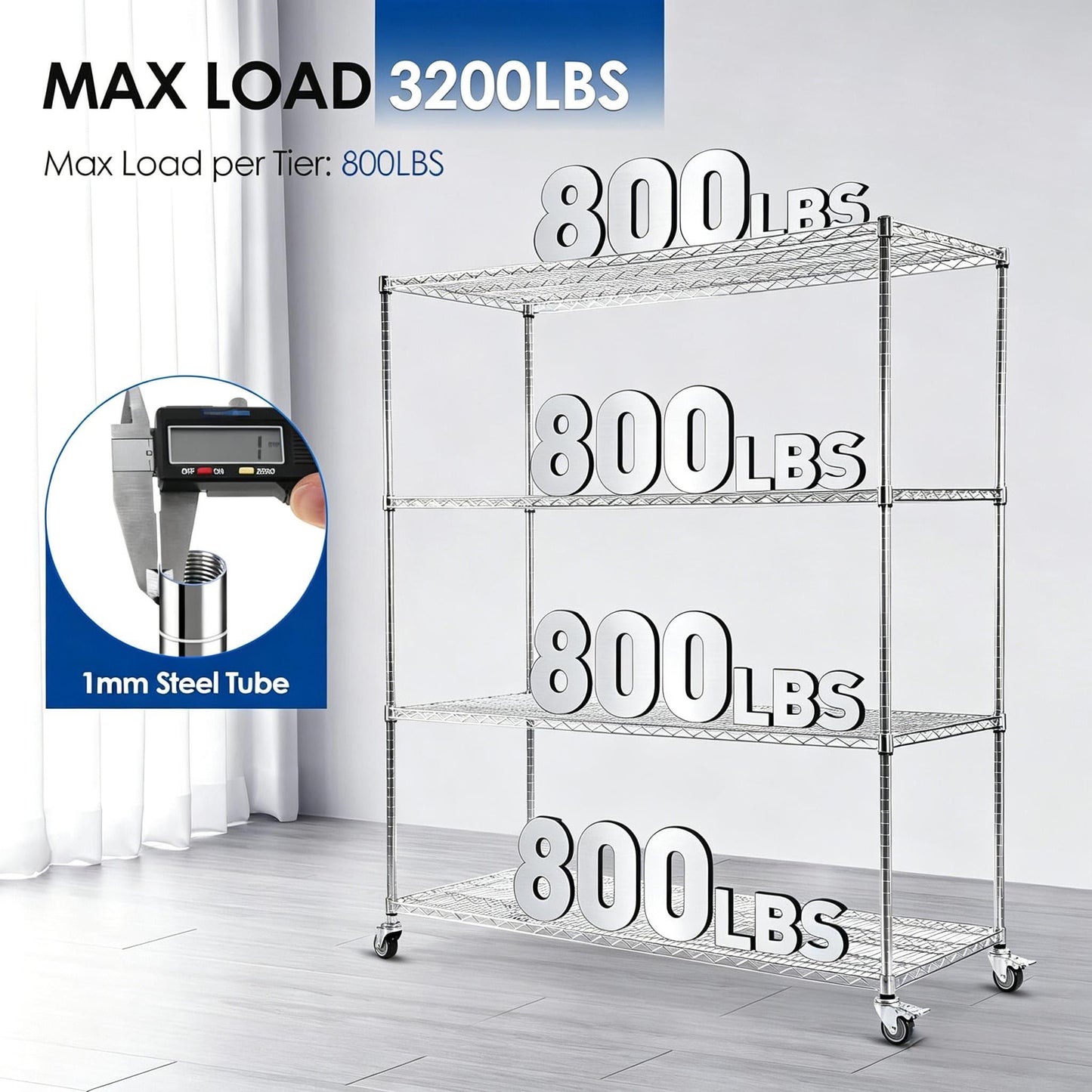 Rengue 60" W Storage Shelves with Wheels 4-Tier Heavy Duty Wire Shelving 72" H x 24" D Large Metal Storage Rack with Adjustable Garage & Pantry Shelves, 3200 LBS Commercial Grade, Chrome, Silver