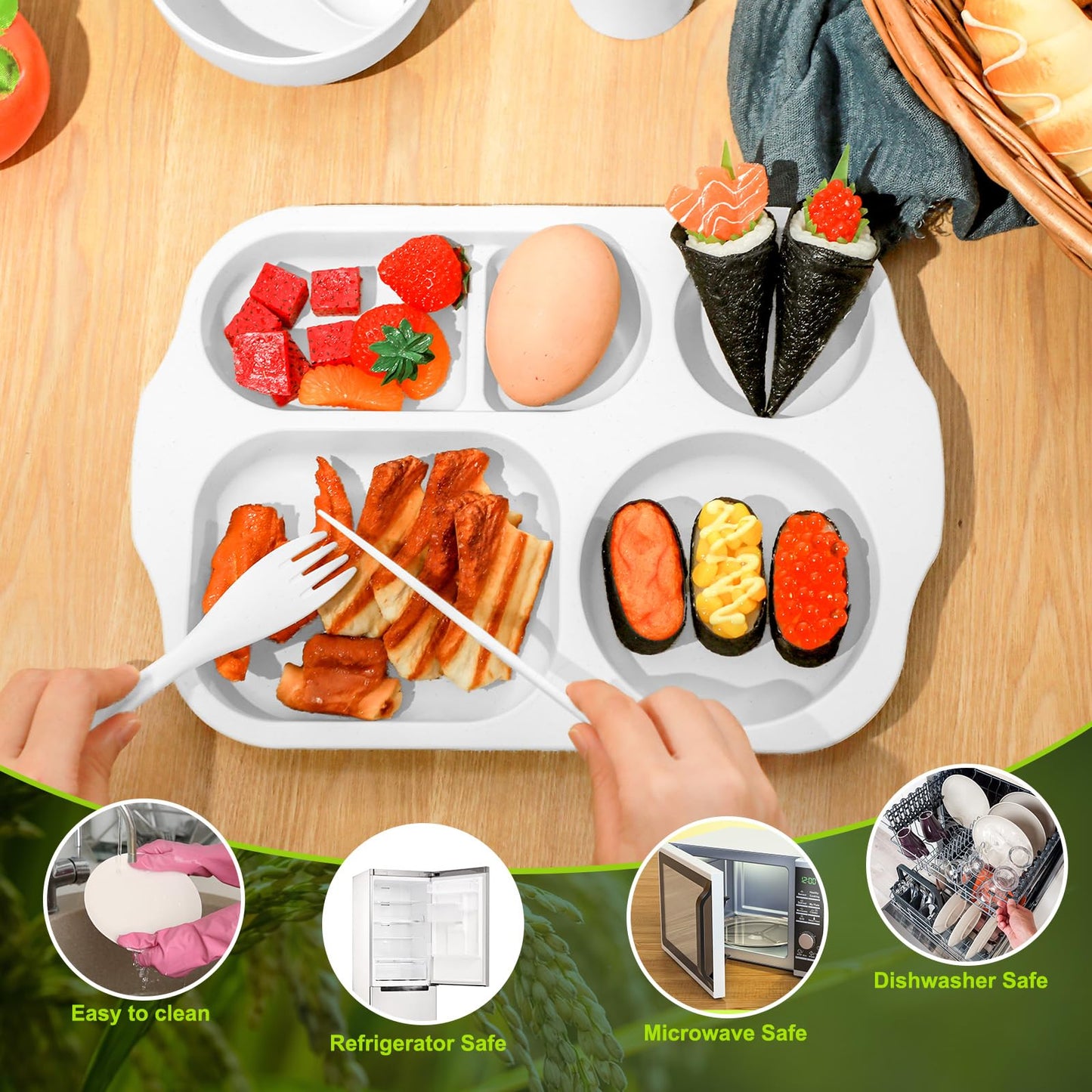 24 Pcs Wheat Straw Dinnerware Cutlery Set for Aldult Including Divided Plates Microwave Dishwasher Safe Bowl Unbreakable Tableware Straw Cutlery Spoon Knife Fork(White)
