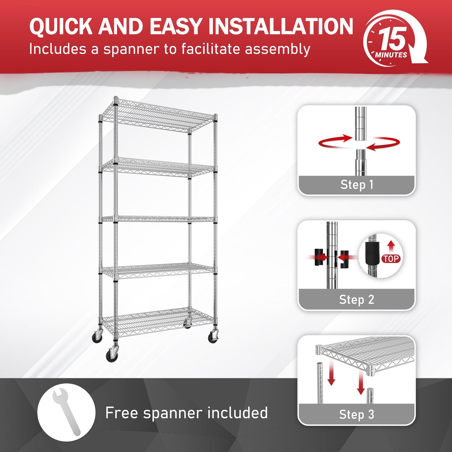 MUPATER 36" W x 18" D x 72" H Wire Shelving Rack, 5-Tier Heavy Duty Rolling Wire Shelving Rack with 2000LBS Capacity, Adjustable Shelves & 3" Silent Lockable Casters for Kitchen, Silver