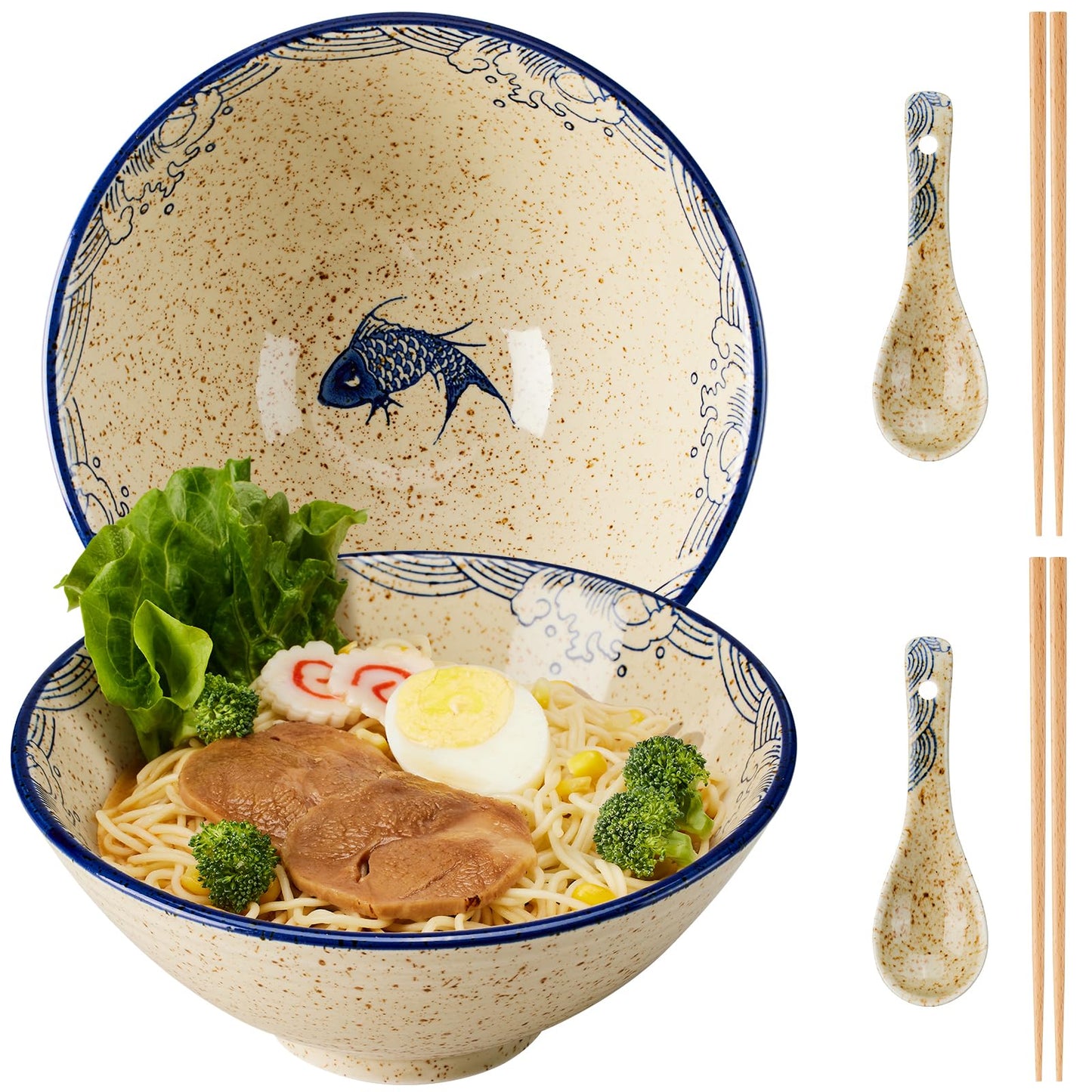 hengshukeji Japanese Ramen Bowl Set 2PCS, 40oz Large Ceramic Noodle Bowls with Chopsticks and Spoons for Pho, Udon, Rice, Pasta – Microwave & Dishwasher Safe (Carp Set (2 pieces))