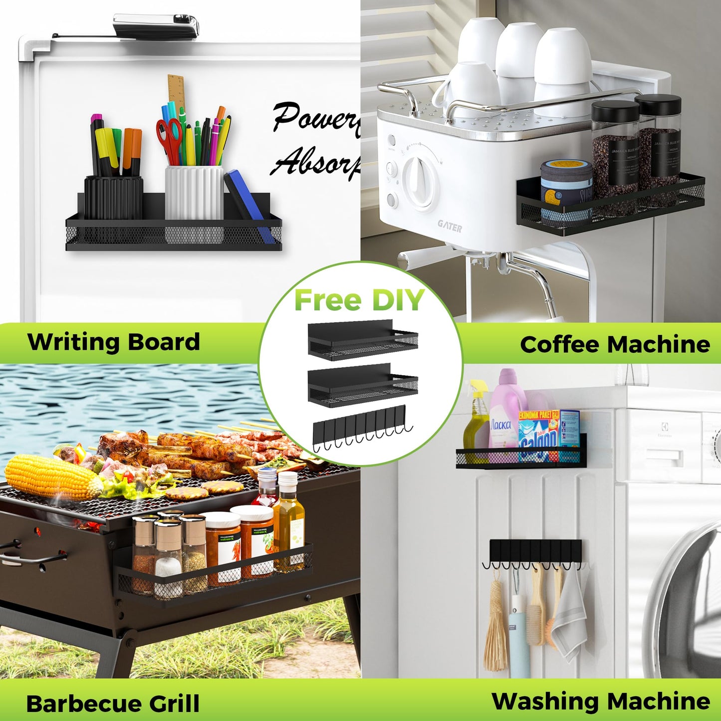 Maluoliao 3 Pack Strong Magnetic Spice Rack for Refrigerator on Oven, Movable Kitchen Organizers and Storage for Spices Shelf, Wall Mounted Spice Rack Metal Fridge Shelf for Kitchen in Black