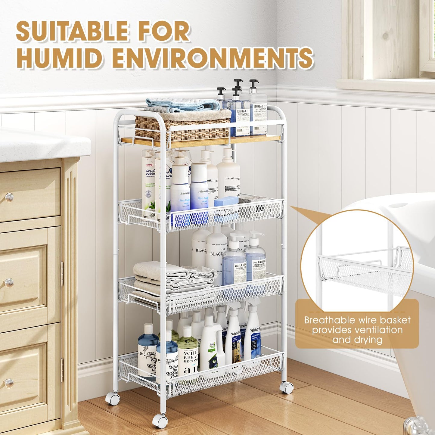 TOOLF 4-Tier Rolling Cart, Metal Utility Cart, Slide Out Storage Cart with Wooden Tabletop and Mesh Baskets, Easy Assemble Trolley for Kitchen Bathroom Laundry Room Bedroom Apartments Dormitory