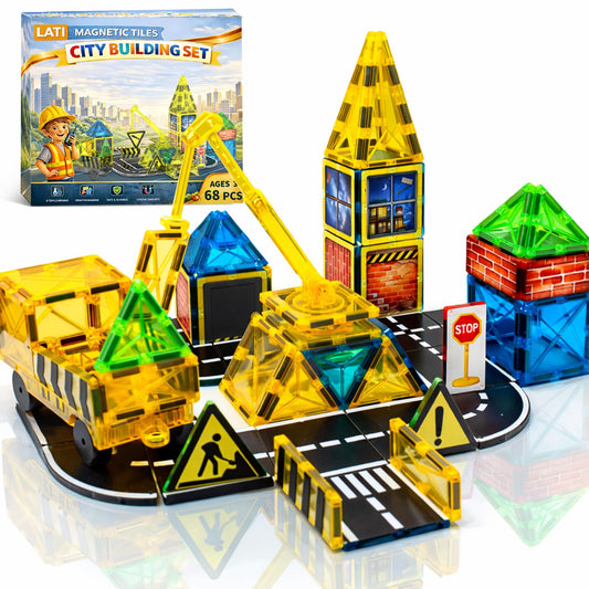 LATI Construction Magnetic Tiles City Set for Kids, Double-Sided Day & Night Building Blocks with Crane, Roads, Traffic Signs & Construction Vehicles, STEM Learning Toy for Boys & Girls Ages 3+