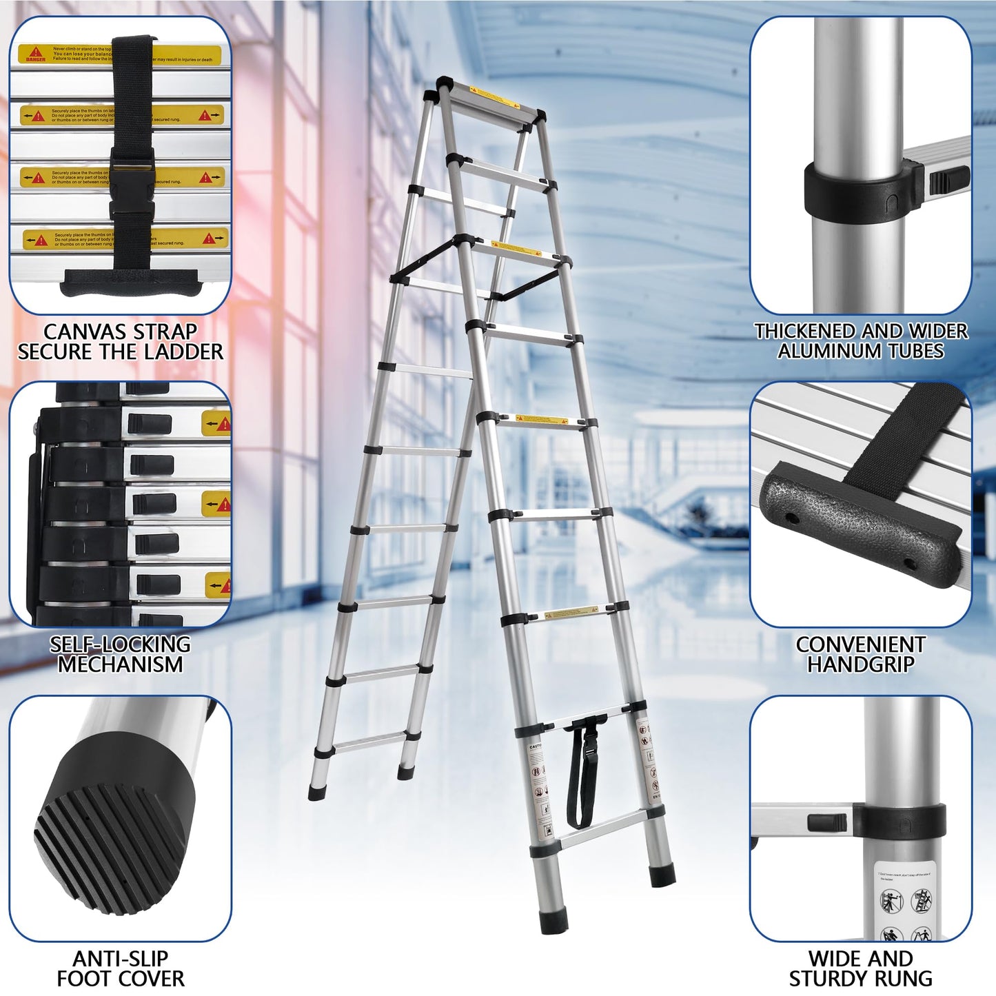 10.5 FT A-Frame Aluminum Telescoping Ladder,11+11Step Ladder,330LB Load Capacity,Portable Folding Extension Ladder Heavy Duty Collapsible Ideal for Home and Outdoor(3.2m+3.2m/10.5FT+10.5FT A Frame)
