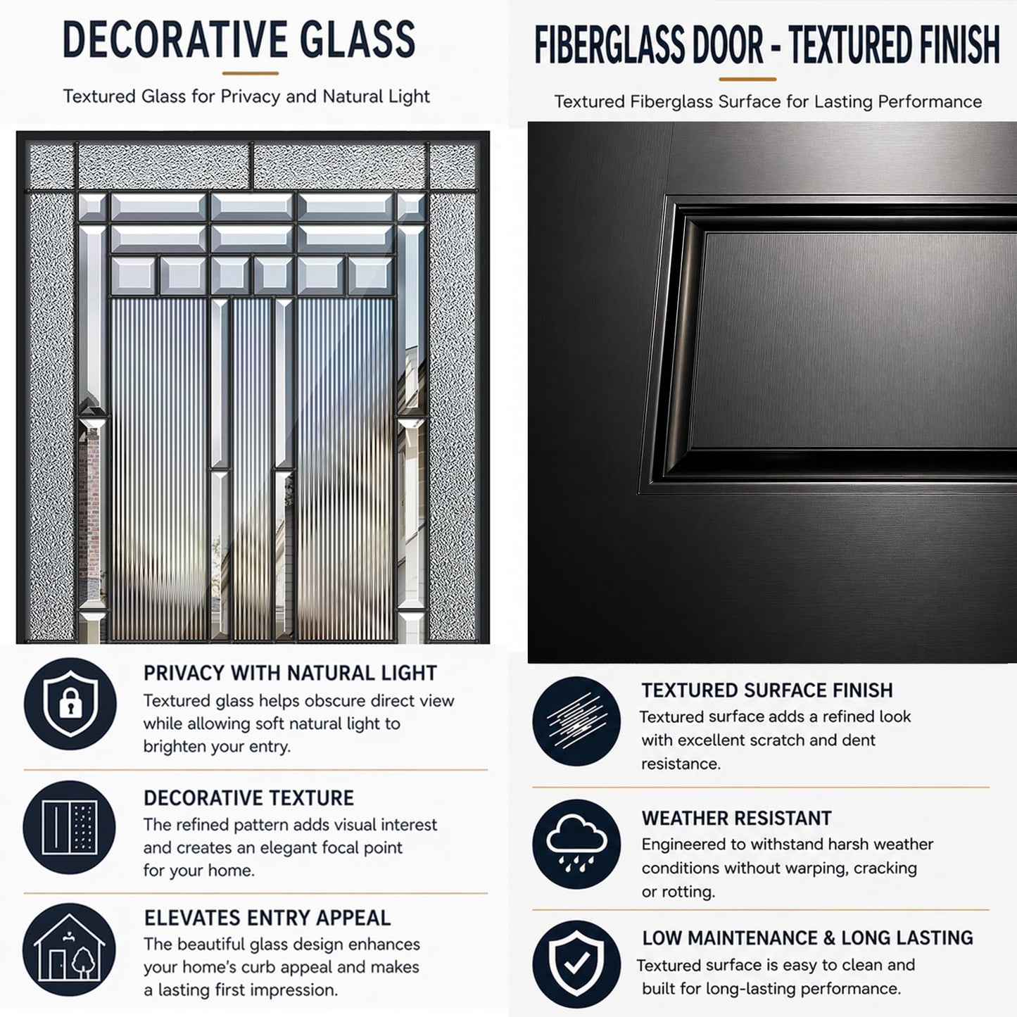 53x80in Fiberglass Front Door with 14in Sidelight, Black Exterior Entry Door for Home, Right-Hand Inswing, Textured Finished with Decorative Glass Knock-Down Door, Vinyl Frame and Brickmould Included