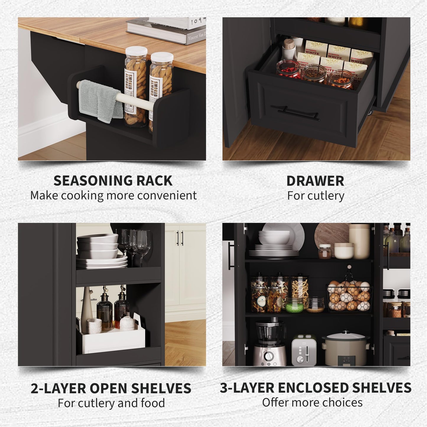 IDEALHOUSE Rolling Kitchen Island on Wheels, 48'' Mobile Kitchen Cart with Drop Leaf, Butcher Block Island with Open Shelf, Drawer, Spice Rack, Wood Top, and Lockable Wheels