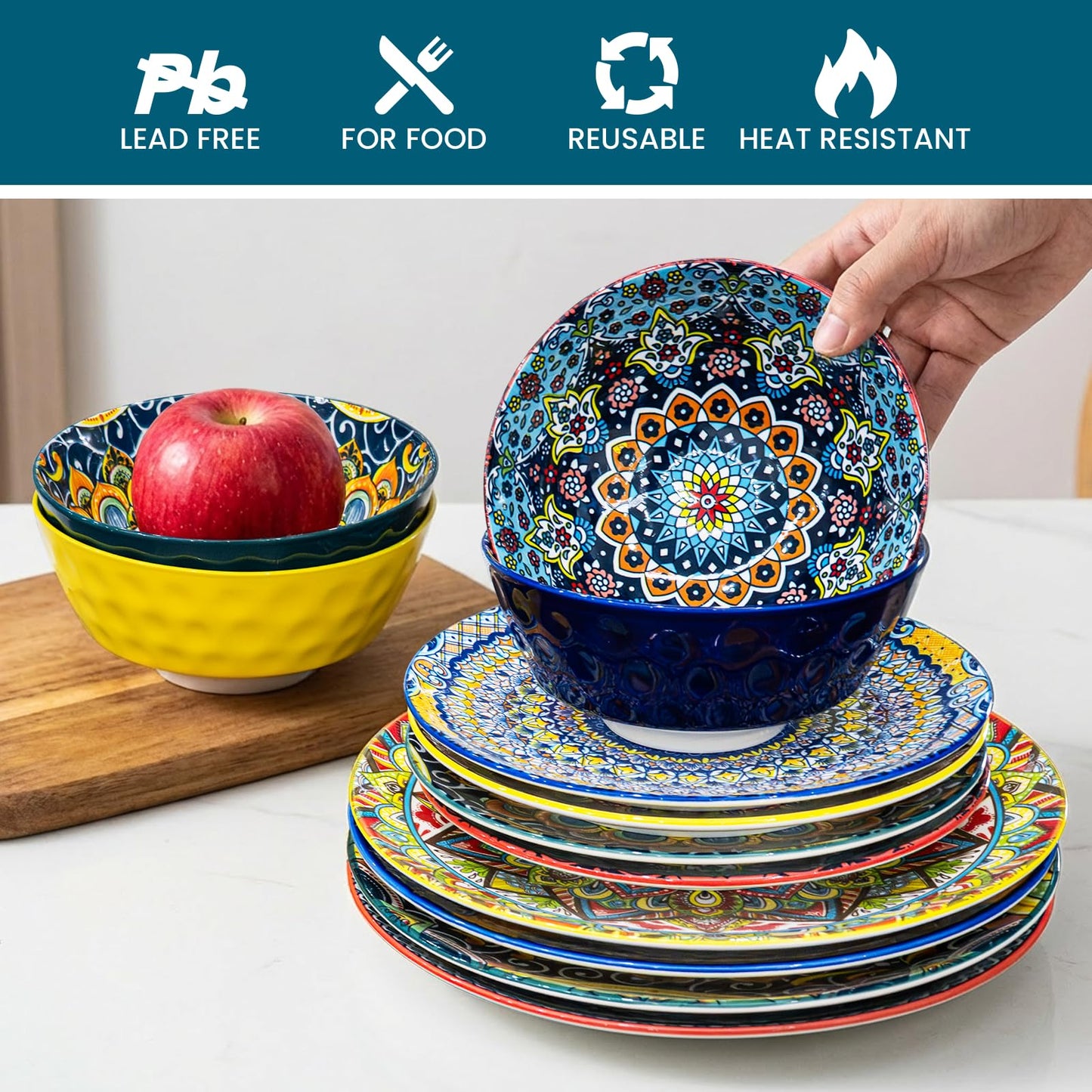 Romatlink 12 Pieces Dinnerware Sets, Ceramic Plates and Bowls Set, Microwave and Dishwasher Safe, Scratch Resistant, Bohemian Style Dishware Set, Service for 4