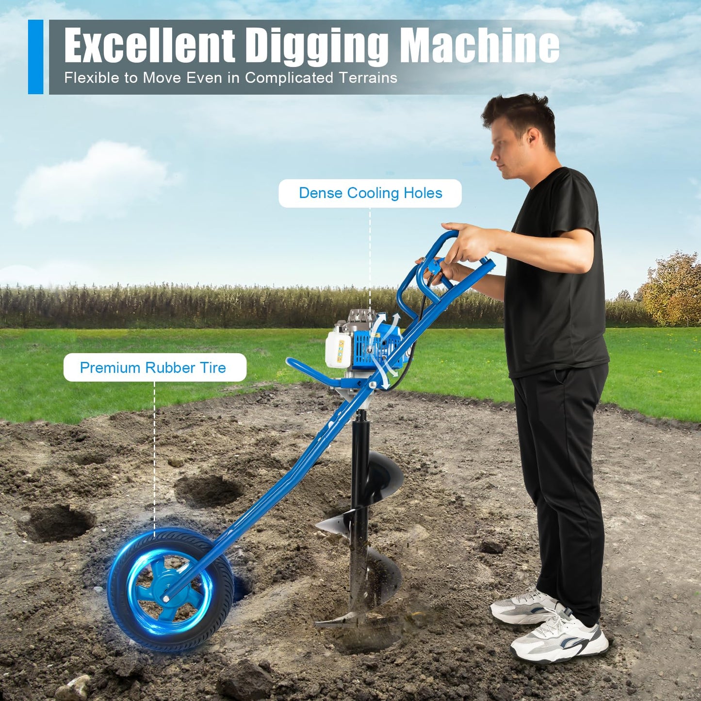 63CC 2-Stroke Gas Powered Earth Auger Post Hole Digger with 11.81" Drill, 3HP Hole Digging Machine Auger Spiral Drill Bit Borer Fence Ground Drill for Garden & Lawn Digging Planting Drilling (Blue)