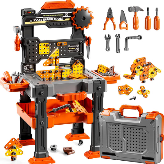 KIZONLY Kids Tools Toy Sets for Aged 3 4 5 6 7 8, 2 in 1 Workbench Toys for Toddlers 3-5, Pretend Play Toolbox, Construction Mechanic Set with Sound, Educational Birthday Gift for Boys Girls Ages 3-8