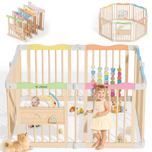 Foldable Wooden Baby Playpen - Adjustable Wood Play Yard, Indoor Large Safety Fence for Babies and Toddlers - Built-in Toys Design, 45 x 45 x 24 inches, Colorful Dream