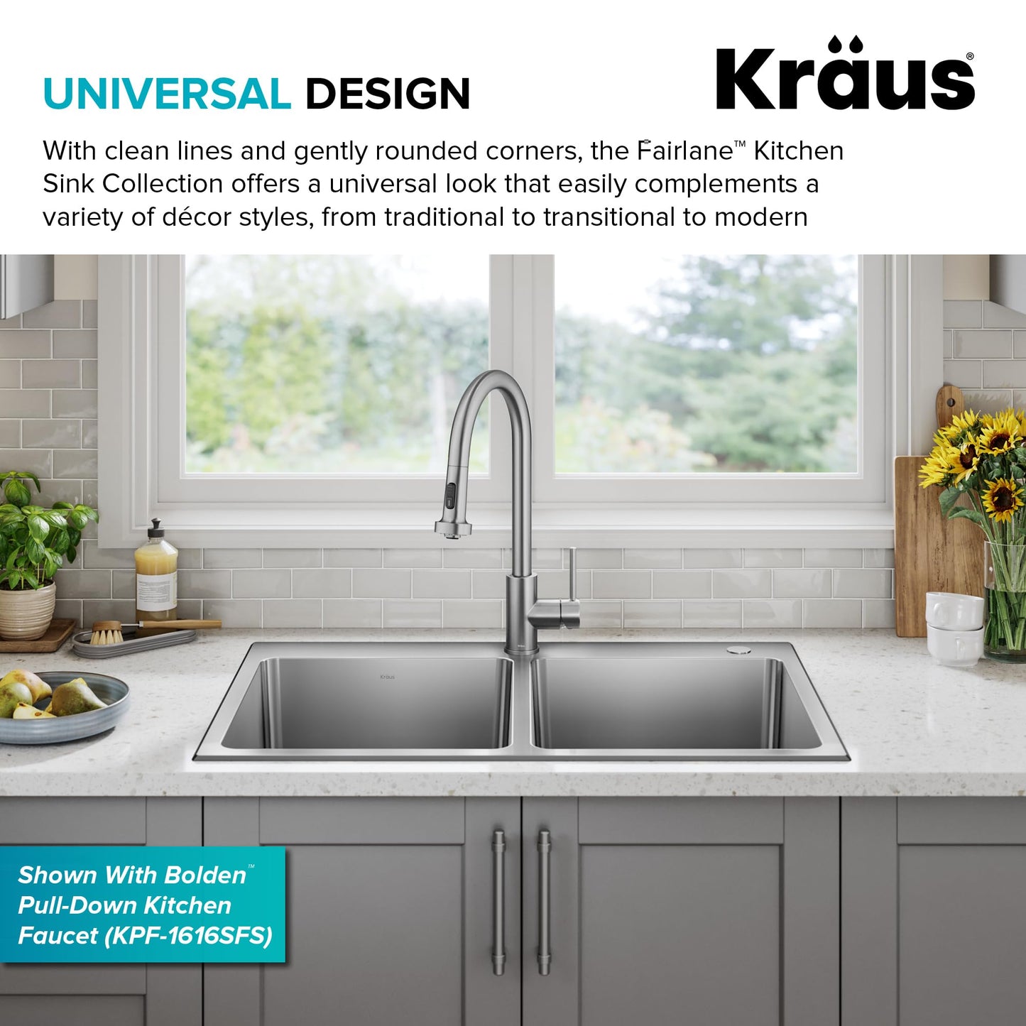 KRAUS Fairlane 33-inch Drop In/Top Mount Double Bowl 18-Gauge Stainless Steel Kitchen Sink, KHT632-33
