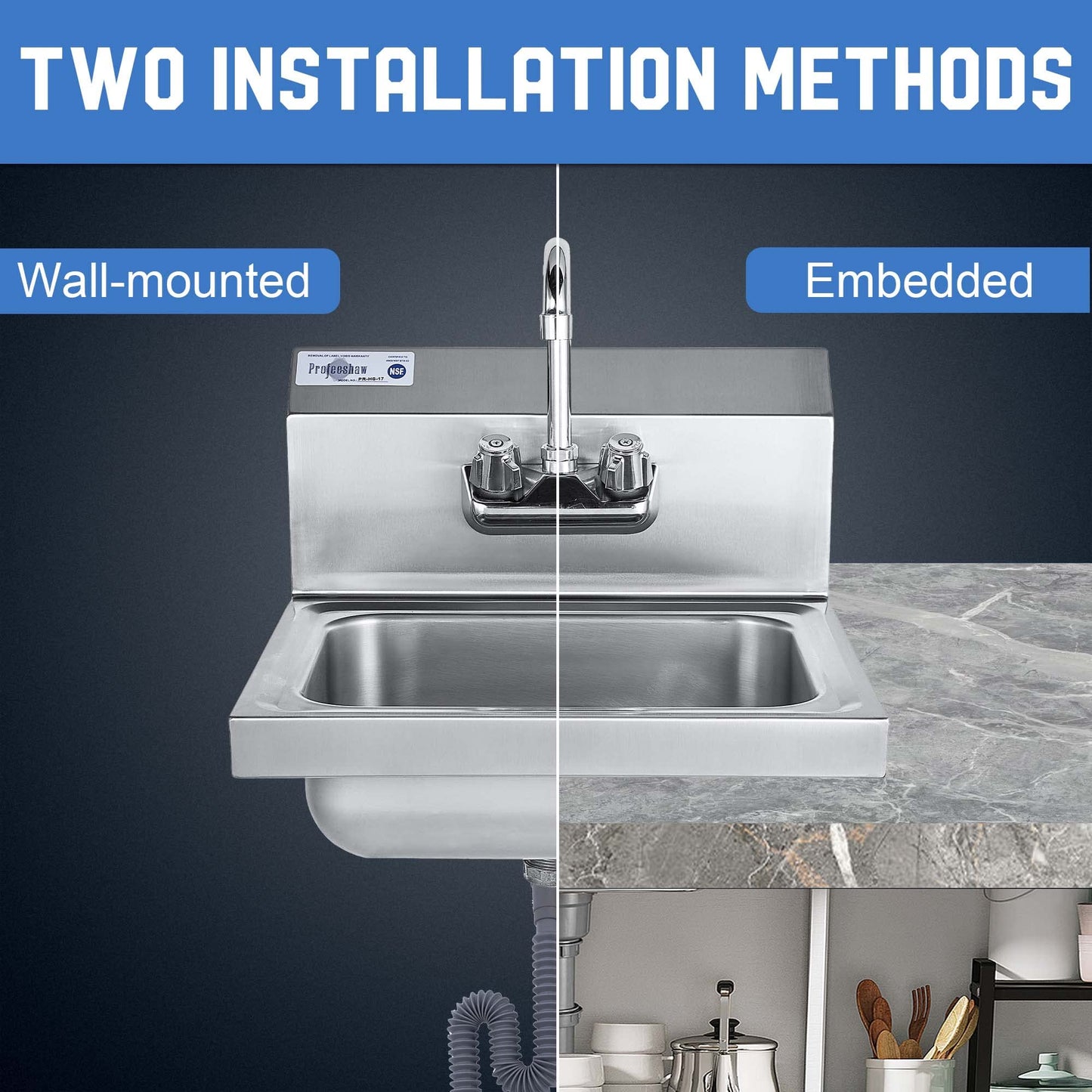Profeeshaw Commercial Hand Sink, Wall Mount Utility Sink, 304 Stainless Steel Wash Basin with Gooseneck Faucet, Drain Basket and Backsplash for Restaurant, Bar and Home, 17 x 15 Inch