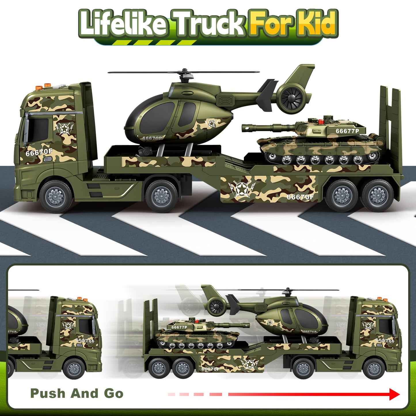SpringFlower Toddler Boy Toys, 3 in 1 Large Army Truck Toy with Helicoper and Tank, Military Transport Truck Toy, Christmas Birthday Gifts for Kids 3 4 5 6 Years Old