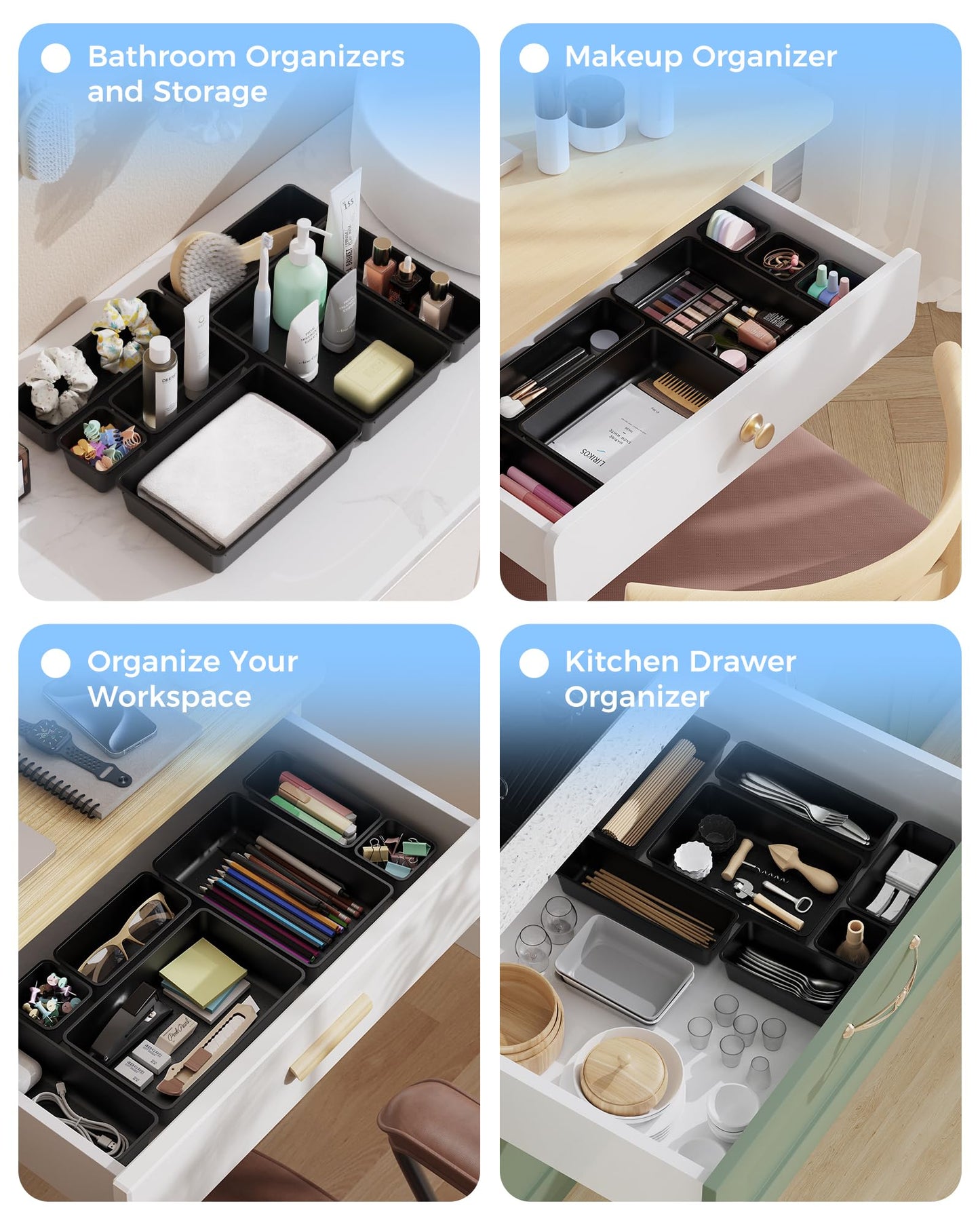 BiuLeon 25 PCS Plastic Drawer Organizers Set, 4-Sizes Vanity and Makeup Organizer, Desk and bathroom Drawer Organizer Trays, Organizers and Storage for Makeup, Jewelry, Gadgets, Utensils (Black)