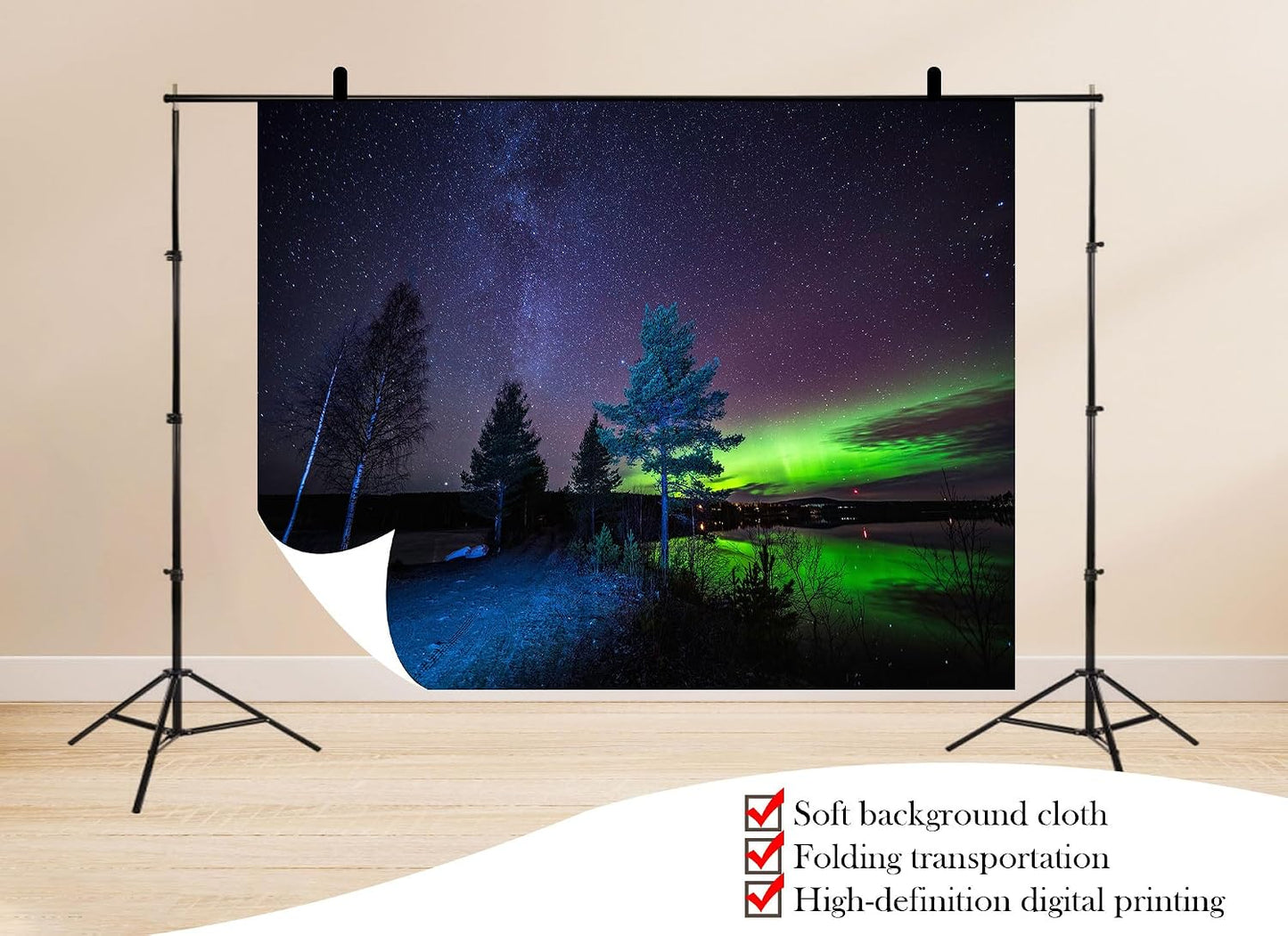 UPXIO 10x8ft Northern Lights Over Lake Backdrop Green Aurora Borealis and Starry Nordic Night Sky Photo Background