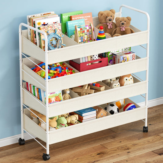 Kids Toy Storage Organizer with 4 Shelves and Wheels,White-Supersized Toy Storage Shelf for Toddlers Ideal for Kids' Rooms,and Nurseries,Toddler Furniture for Boys and Girls Ages
