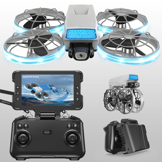 UAVRIAO Foldable RC Drone with 1K HD Camera, Upgraded Foldable Remote with Detachable Lanyard, 2 Batteries & Carry Case - Safe Propeller Guard, 3D Flips, One-Key Takeoff/Landing, Ideal Gift for Beginners and Adults