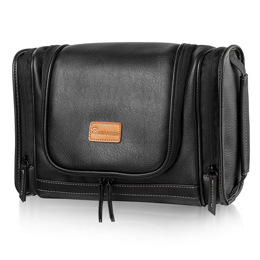 MIRASON Travel Toiletry Bag, Hanging Toiletry Bag for Men, Leather Travel Shower Bag for Toiletries Dopp Kit Bathroom Bag with Metal Hook Gift for Men (Black)