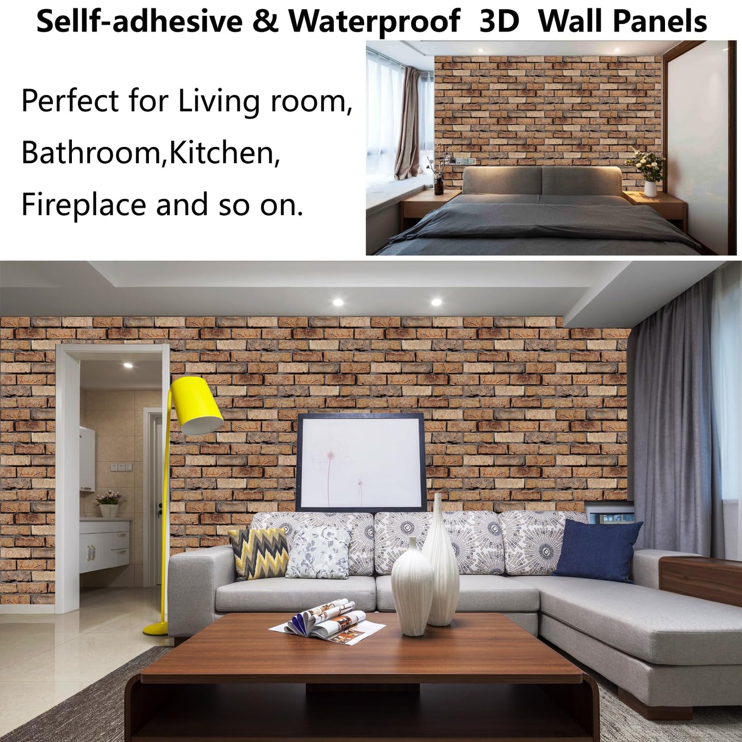 Veczom 3D Wall Panels Peel and Stick - 10 Pack Brick Textured PVC Panels, Waterproof Self-Adhesive Wall Tiles for Accent Walls, Kitchen, Bathroom, Bedroom & Office Decor