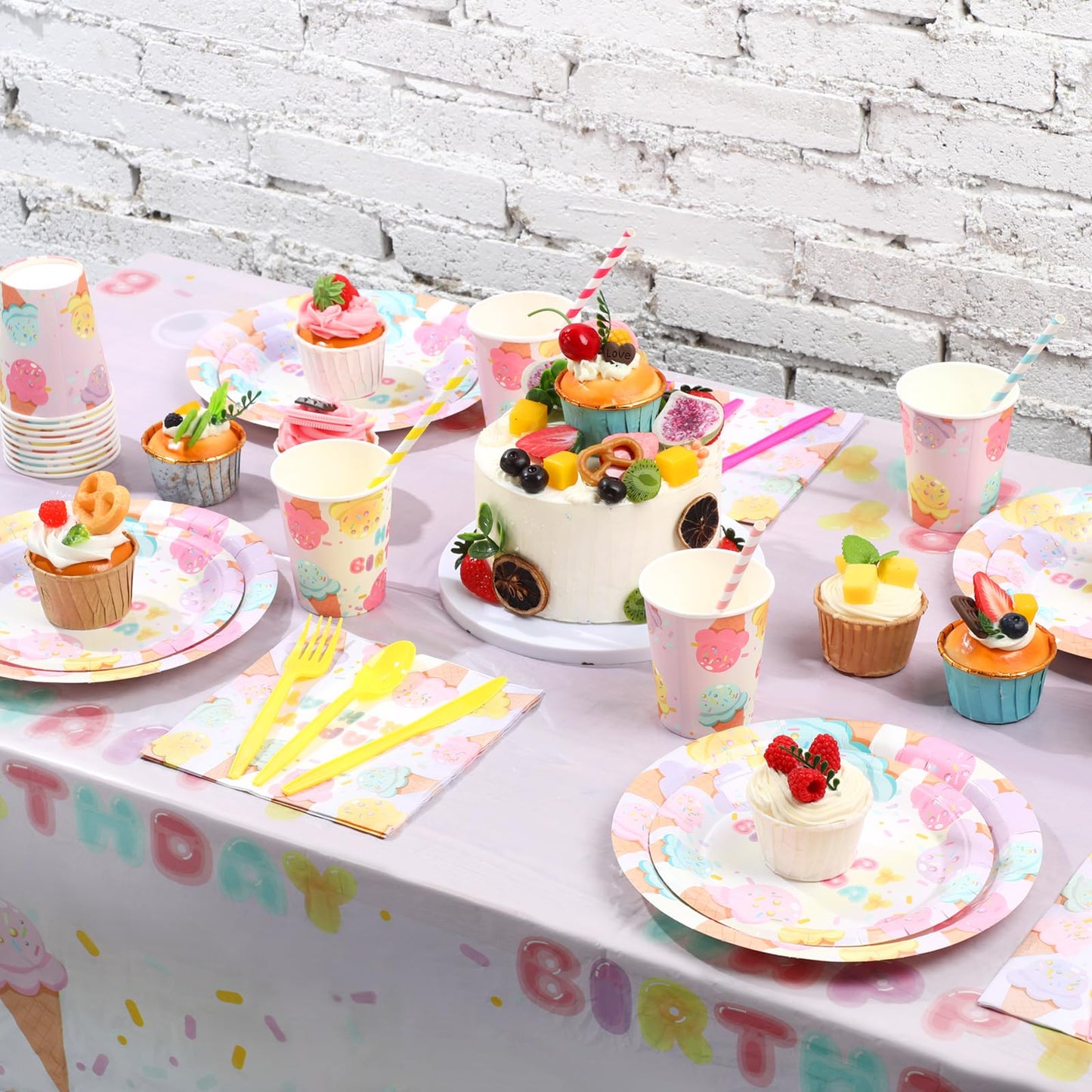 LOYIM 194 Pcs Ice Cream Birthday Party Decorations Supplies 24 Guest Disposable Dinnerware with Ice Cream Tablecloth Paper Plates Cup Napkin Plastic Fork Knives Spoon for Grow up Party Shower