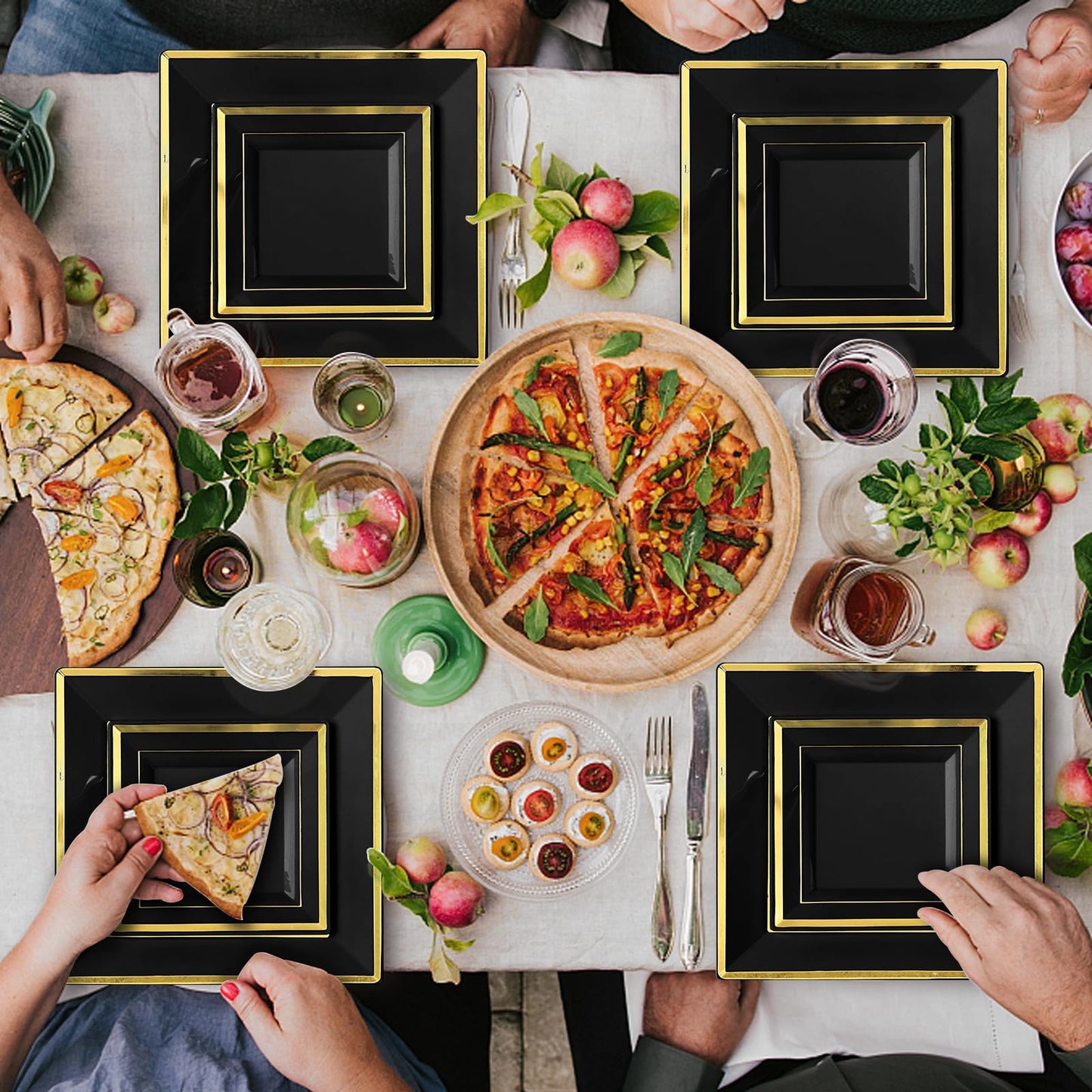 Goodluck 352 Pieces Black Dinnerware Set for 50 Guests, Black Square Plastic Plates with Gold Trim, Include: 100 Plastic Plates, 50 Rolled Napkins, 50 Cups, 50 Cutlery Set and 2 Tablecloth