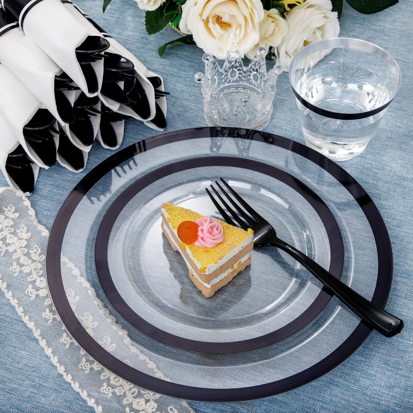 I00000 350 Pcs Clear and Black Plastic Plates,Black Dinnerware Set, Include 50 Dinner and 50 Dessert Plates,50 Plastic Cups,50 Pre Rolled Napkins with Cutlery for Graduation,Party