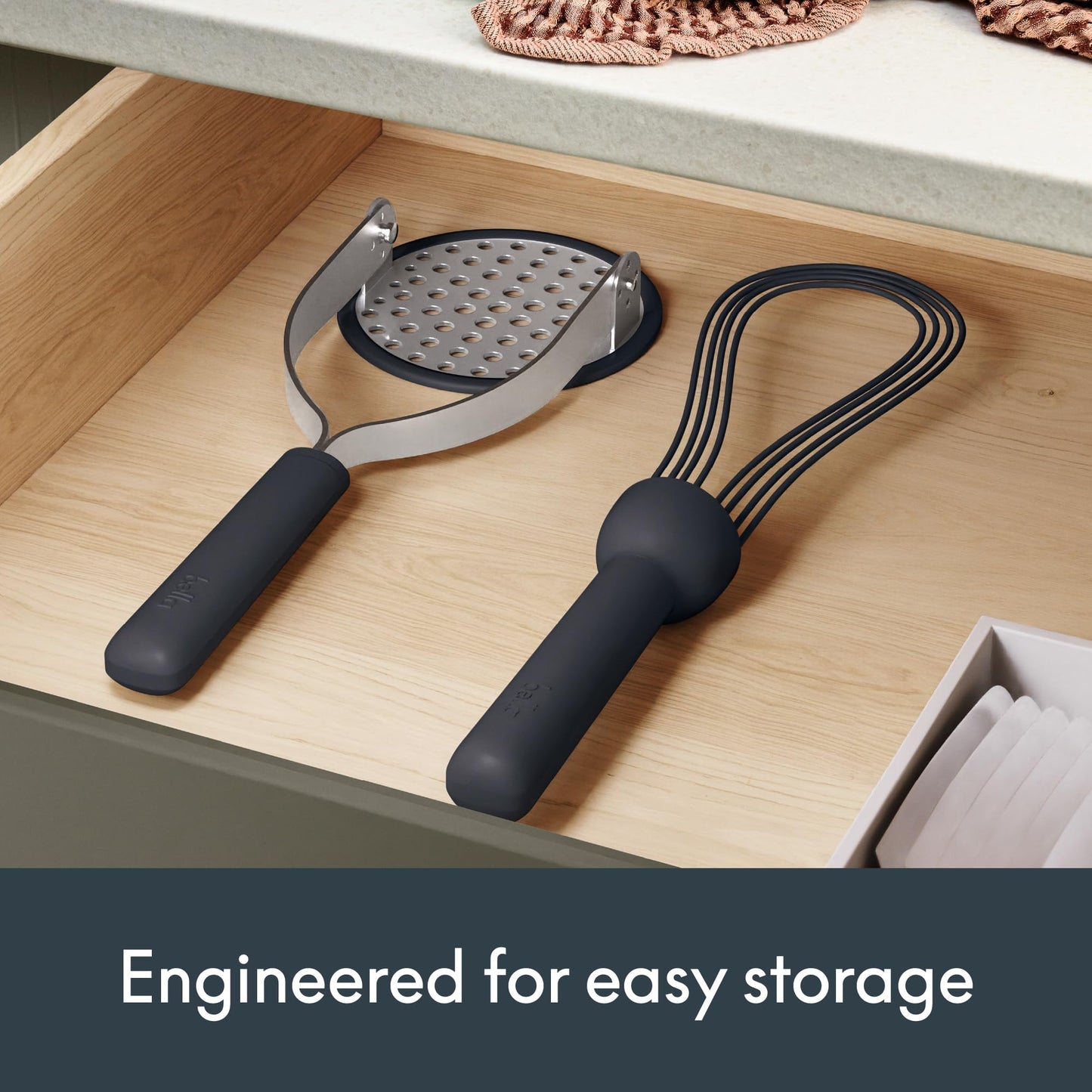 bella 2 Piece Compact Masher and Whisk Set, Fold Flat, Stainless steel and silicone, Foldable Masher, Ballon Whisk, Flat Whisk, Non-stick, Nonslip, Heat safe to 425°F, Slate