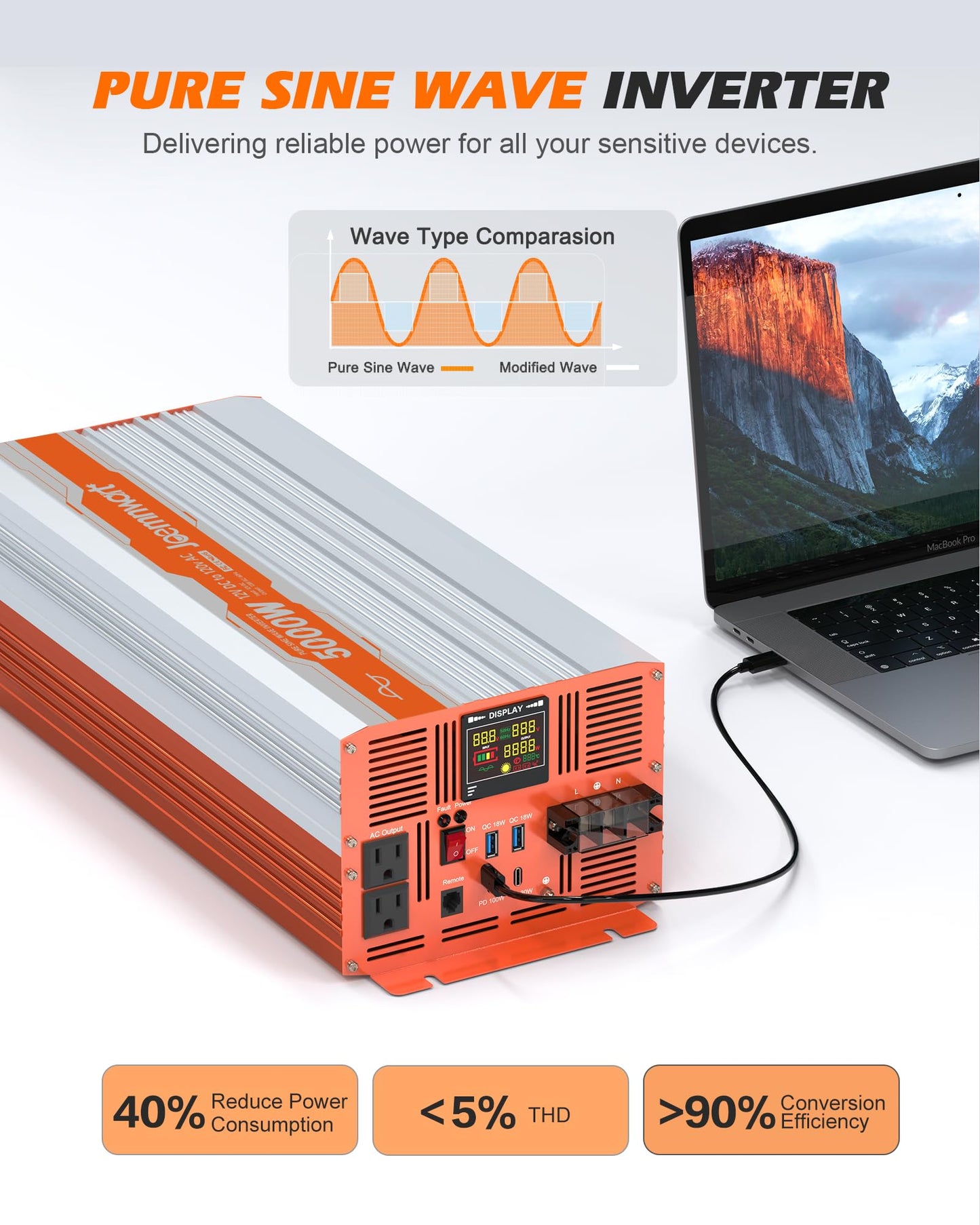 JOEMNWART 5000W Pure Sine Wave Inverter DC 12V to AC 120V Converter, Off-Grid Solar Power Inverters with Built-in 4 USB Ports, Hardwire Port, Remote Controller for Vehicles, Truck, RV, Home
