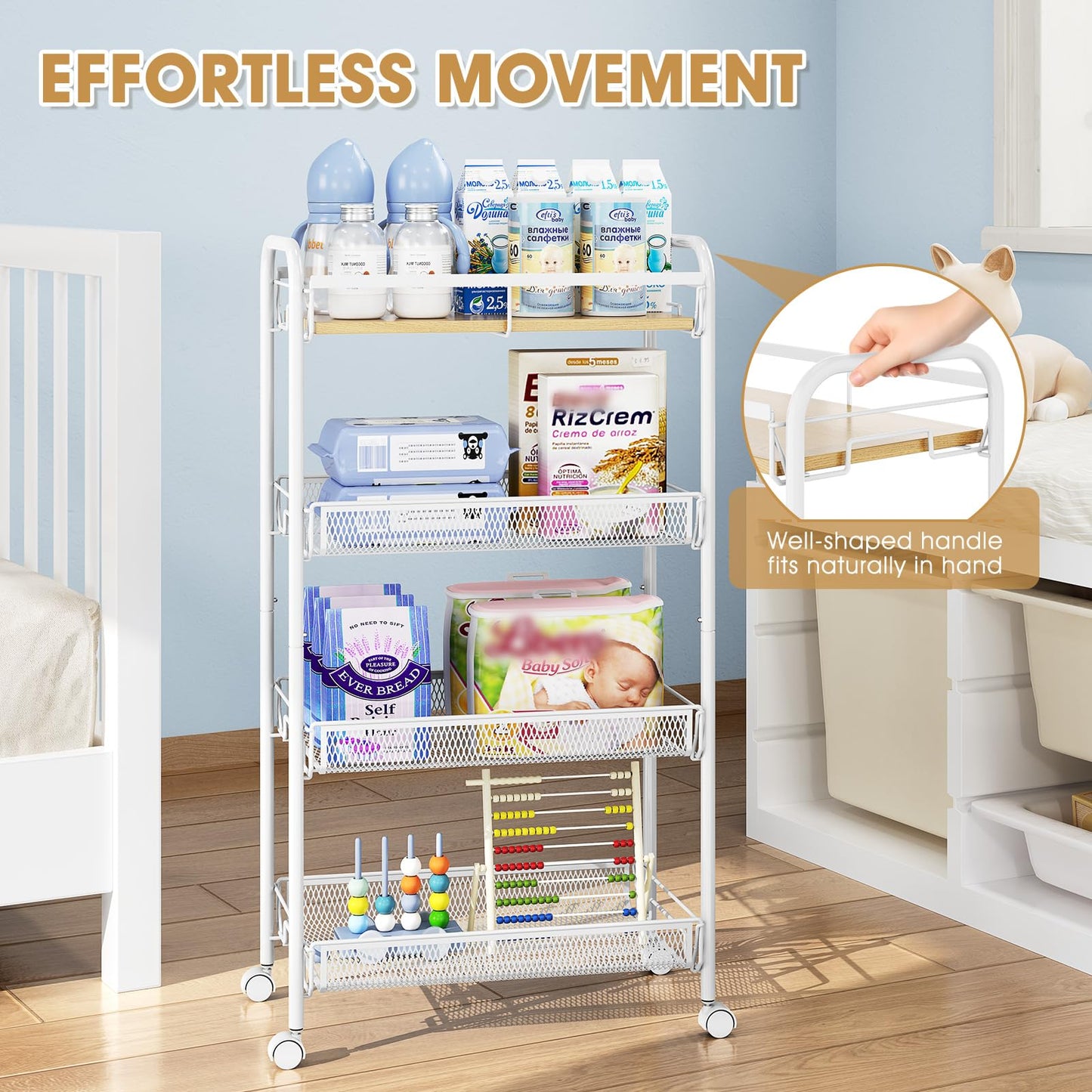 TOOLF 4-Tier Rolling Cart, Metal Utility Cart, Slide Out Storage Cart with Wooden Tabletop and Mesh Baskets, Easy Assemble Trolley for Kitchen Bathroom Laundry Room Bedroom Apartments Dormitory
