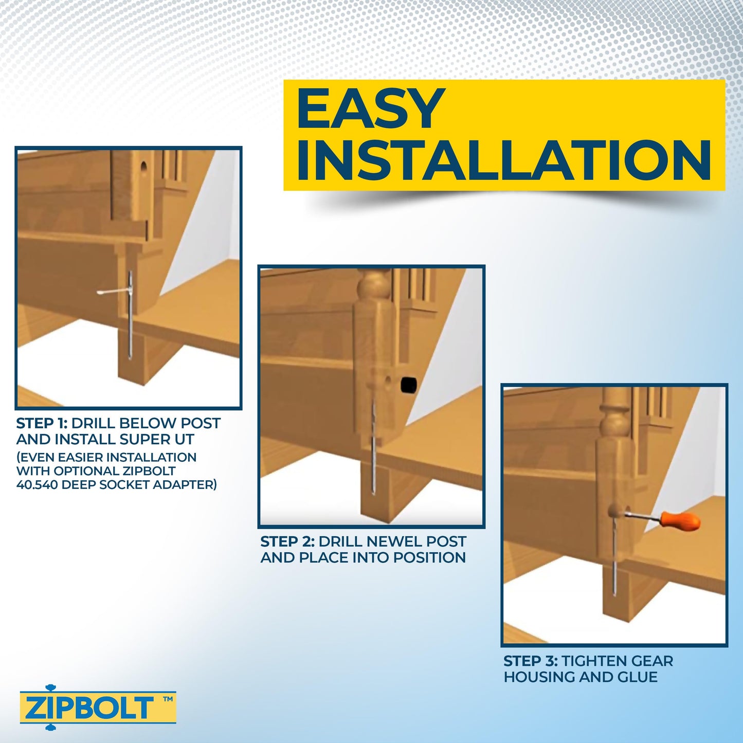 Zipbolt 14.100 Super UT Newel Post Fastener Bulk Pack — Quick and Easy Wrench-Free Installation of Staircase Newel Posts, Anchors Post Directly to Wood or Concrete Floor