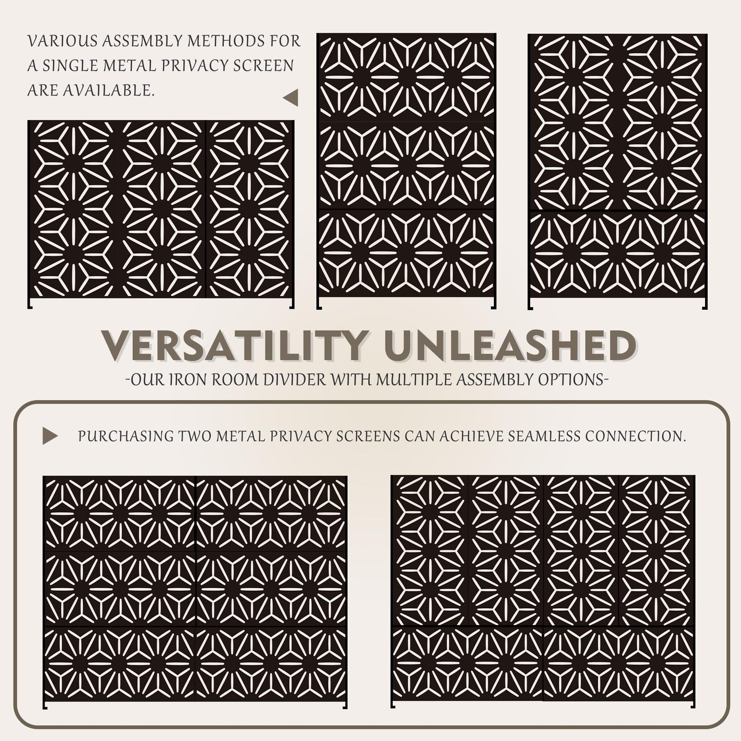 Kozyard Metal Privacy Screen 74" H x 47.2" W Decorative Outdoor Divider with Stand Panels Freestanding Screen Set for Deck Patio Balcony Garden Outdoor&Indoor(Black/Hexagonal Star)