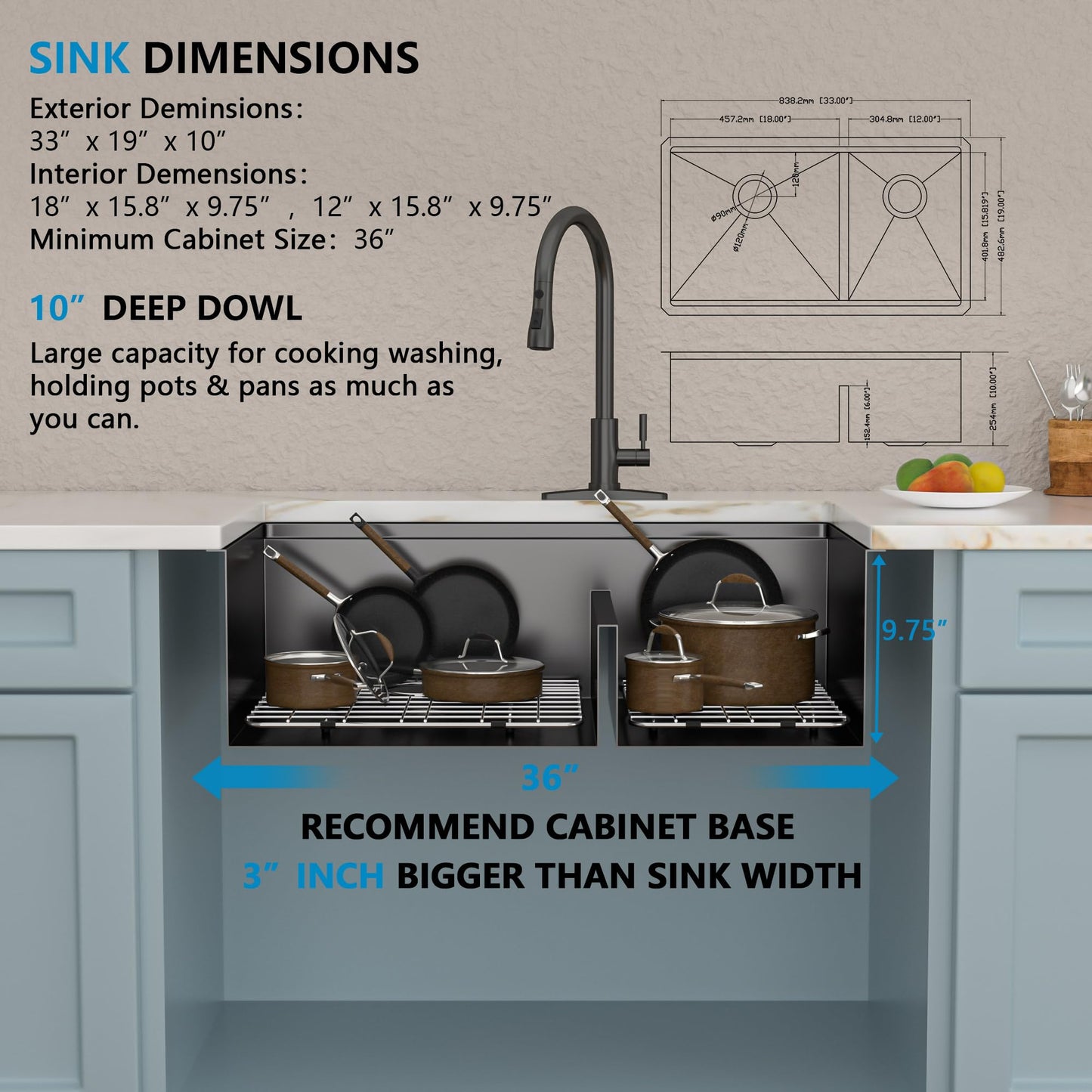 Fulorni 33"x19" Undermount Double Bowl Kitchen Sink Workstation - Gunmetal Black NANO-PVD, 16 Gauge 304 Stainless Steel, Under Counter Low Divide 60/40 Split Basin for Kitchen