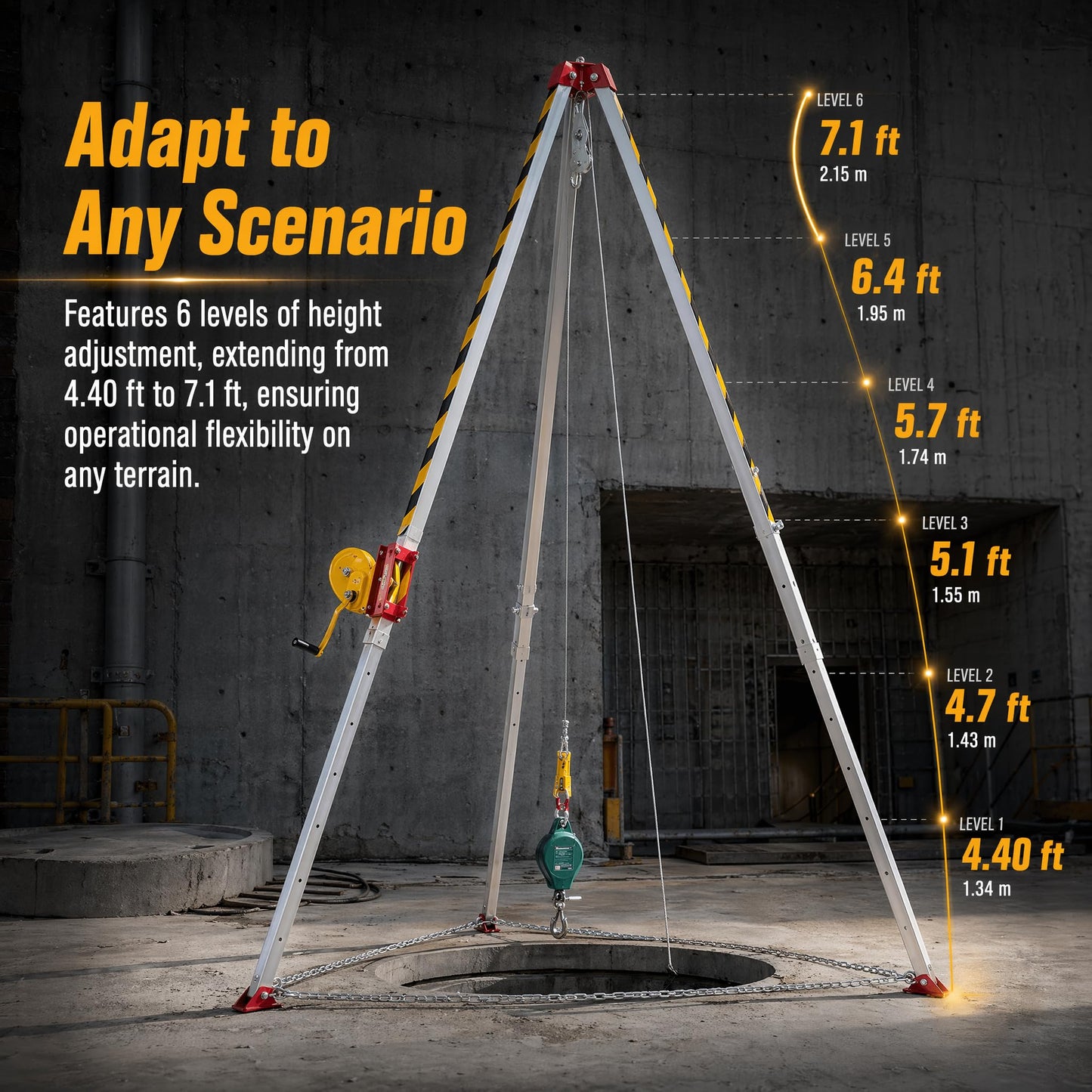 Fall Protection Equipment 1800lbs Confined Space Tripod Kit 98.43ft Steel Wire Rope Lifting Winch Adjustable Height 4.40-7.1FT Rescue Tripod System Aluminium Safety Device
