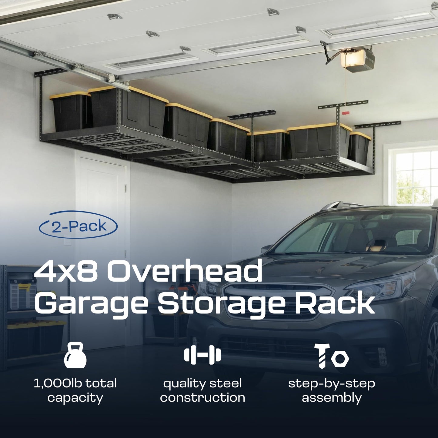 2-Pack 4 x 8 MonsterRax Overhead Garage Storage Rack, Ceiling Racks for Garage, Organization Shelving, Adjustable Hanging Shelf, Grey, 12"-21" Height Adjustment