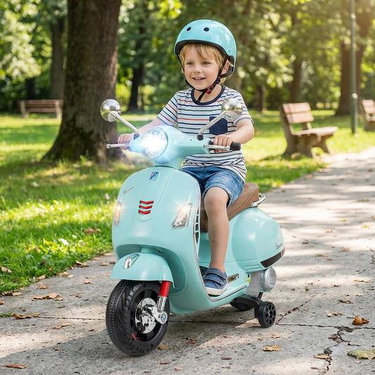 Licensed Vespa 12V Kids Motorcycle by INFANS with Training Wheels, Music, Story, Horn, Lights for 3-6 Years (Green)