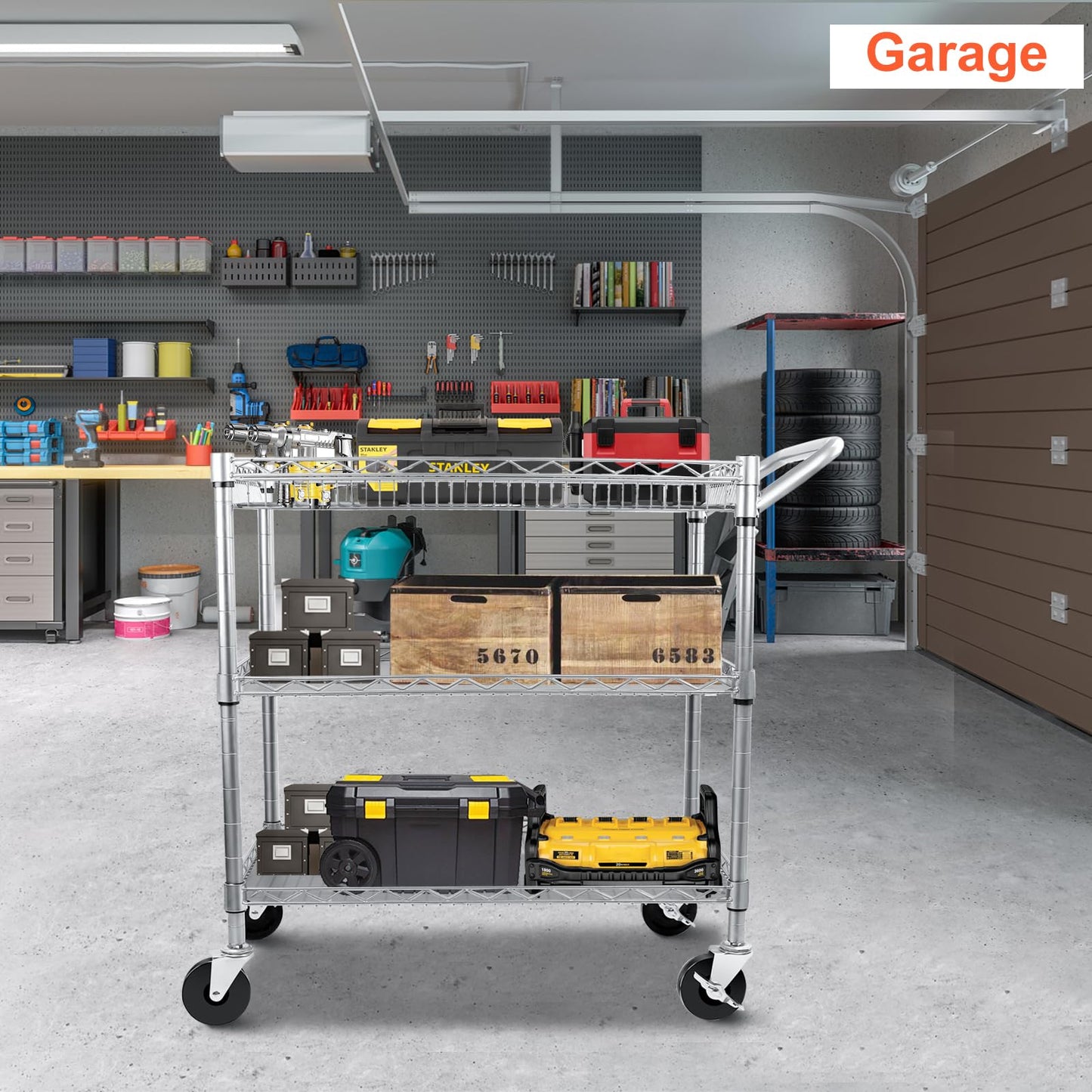 BolDuck Heavy Duty Utility Cart, 990Lbs Capacity 3 Tier Rolling Carts with Wheels, Kitchen Cart on Wheels with Storage, Commercial Grade Metal Serving Carts with Wire Shelving &Handle Bar, Silver