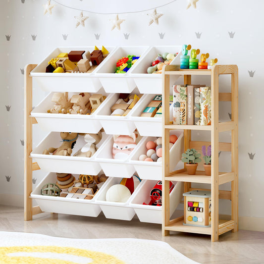 MallBest Kids Toy Storage Organizer with Bookshelf – Wooden Toy Bin Organizer with 12 Storage Bins & 3-Tier Shelf, Toy Shelf for Toddlers, Nursery, Playroom, Bedroom(Natural)