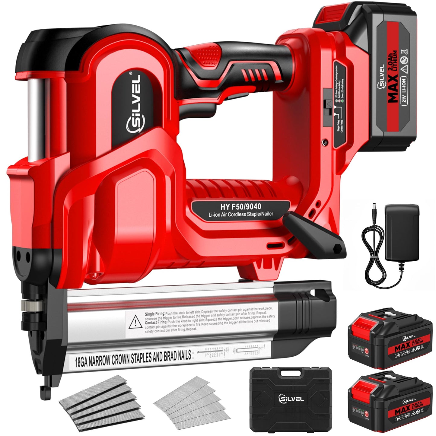 SILVEL 2" Cordless Brad Nailer, 2-in-1 21V Electric Brad Nailer with 2 * 2.0Ah Battery, 1000pcs Nails, 18GA Staples, Adjustable Depth for Woodworking, Home Improvement, Red