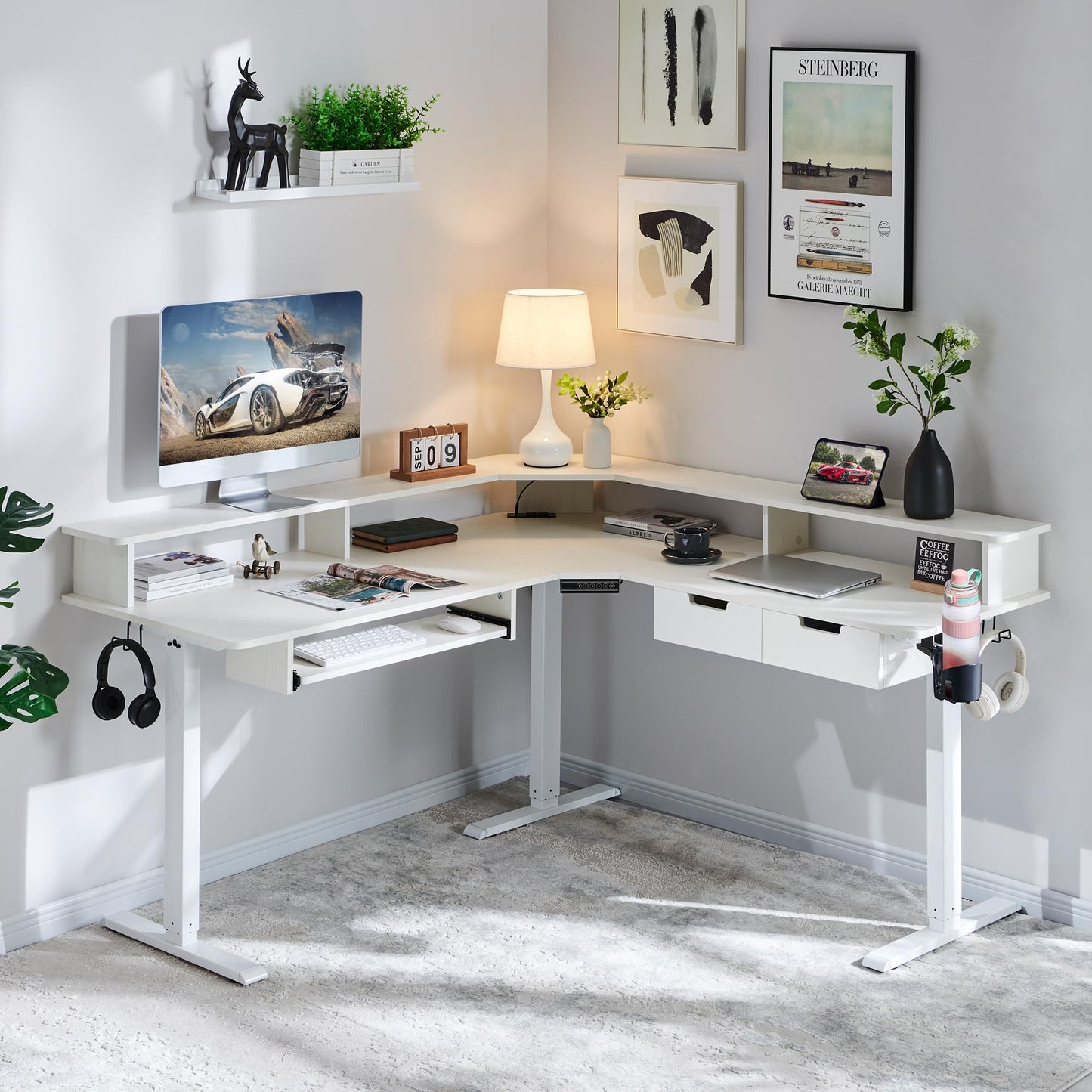 RedLemon 60 Inches L Shaped Electric Standing Desk, Height Adjustable Corner Gaming Desk with Drawers, Keyboard Tray, Power Outlets & LED Lights, Computer Desk with Monitor Shelf, Antique White