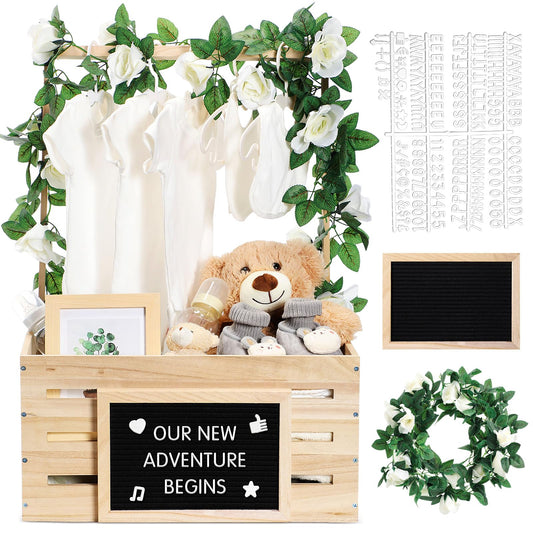 Barydat Wooden Baby Shower Crate Closet, Basket with Handle and Felt Letter Board Kit Garland Baby Shower Wooden Gift Crate Personalized Basket for Pregnancy Announcement New Parent(Wood)
