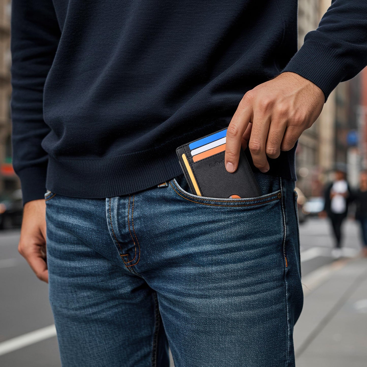 Buffway Slim Minimalist Front Pocket RFID Blocking Leather Wallets for Men and Women - Cross Black