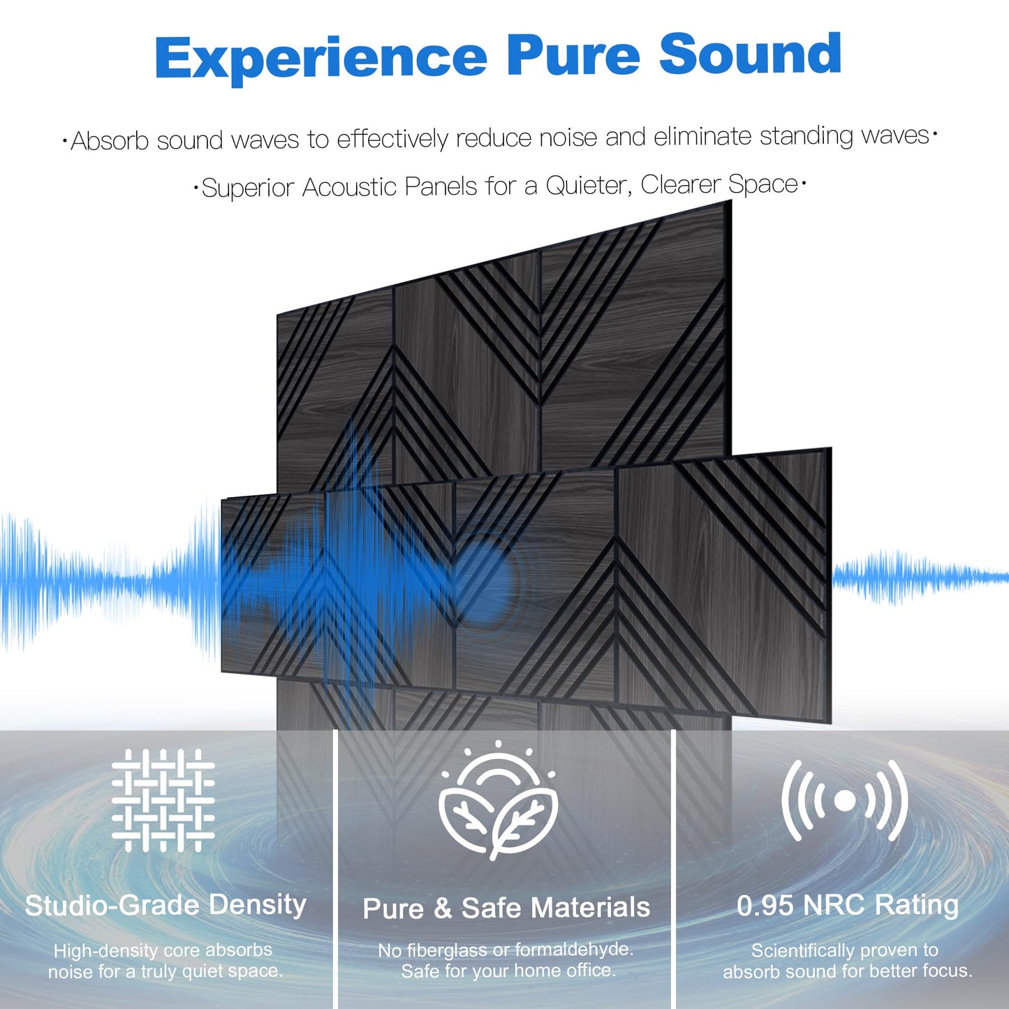 Mollywell Acoustic Panels, PVC Wood-Grain Decor, 12x12 Inch Carved Pattern Sound Absorbing Wall Tiles, Self-Adhesive for Home Office/Studio/Gaming Room Echo Reduction, 16 Pack Black Oak, Double Twill